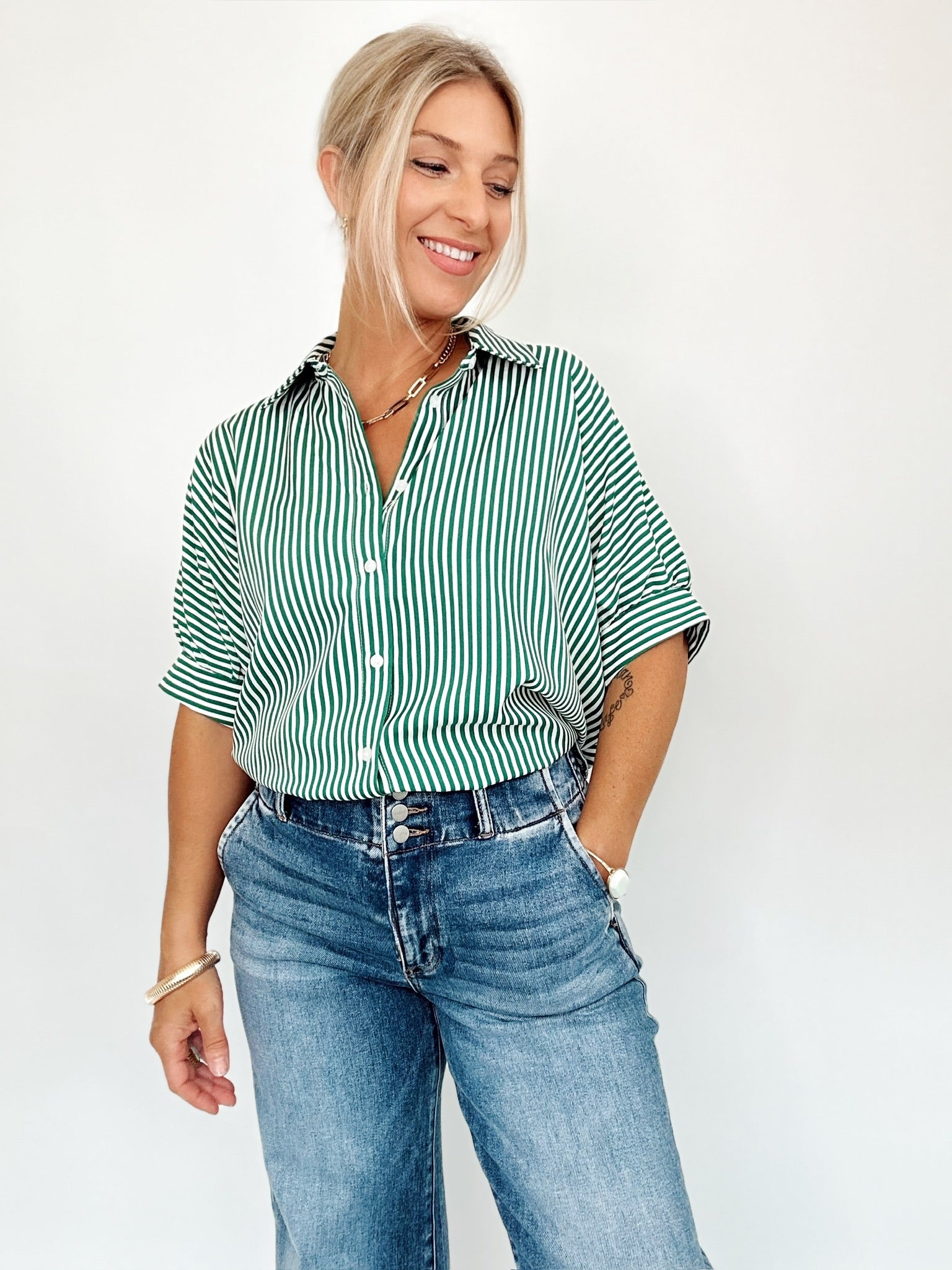 Ellen Button Down Stripe Shirt Green