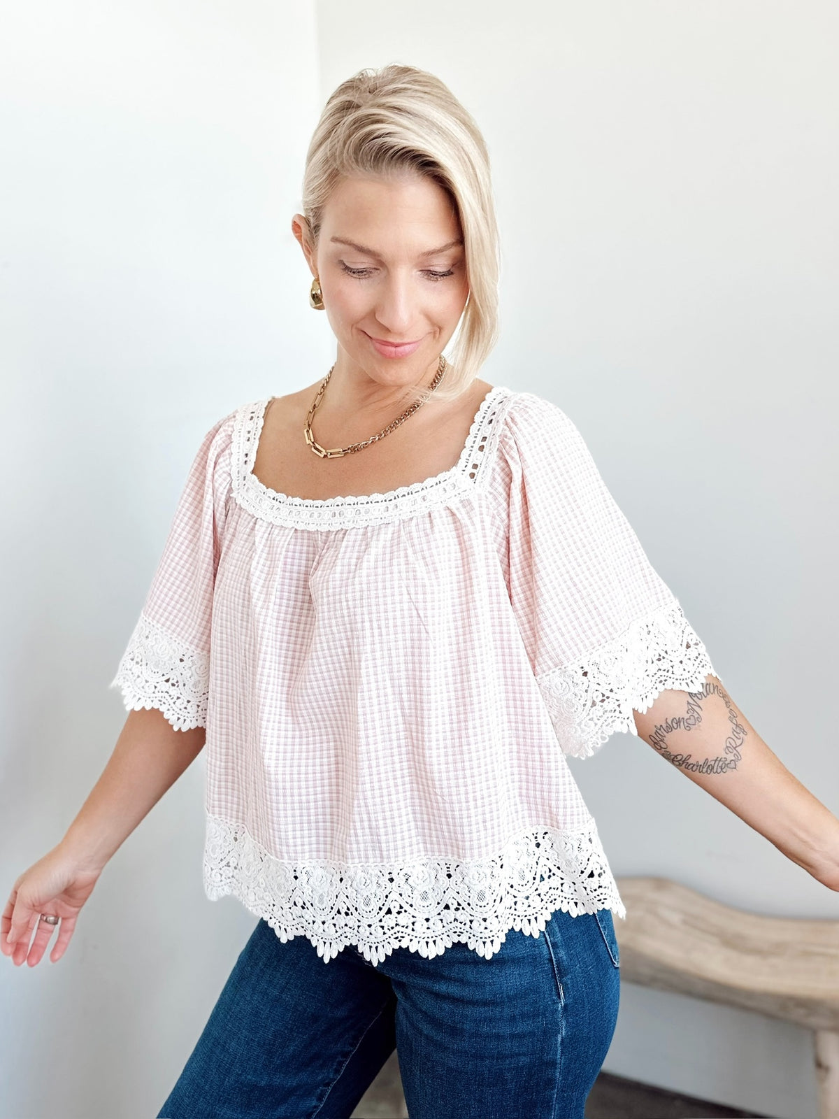 Ginger Gingham &amp; Lace Top Blush