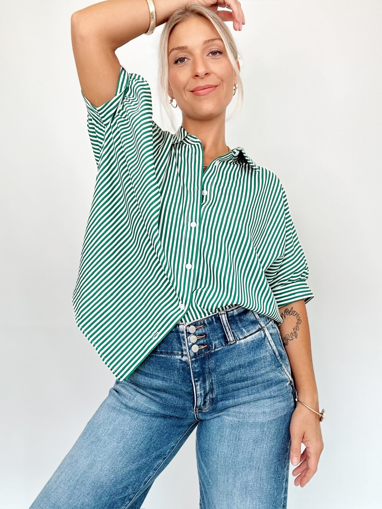 Ellen Button Down Stripe Shirt Green