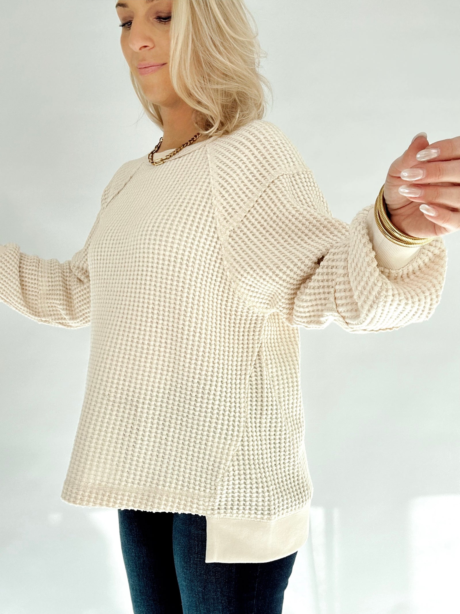 Tabitha Waffle Patch Detail Pullover Cream