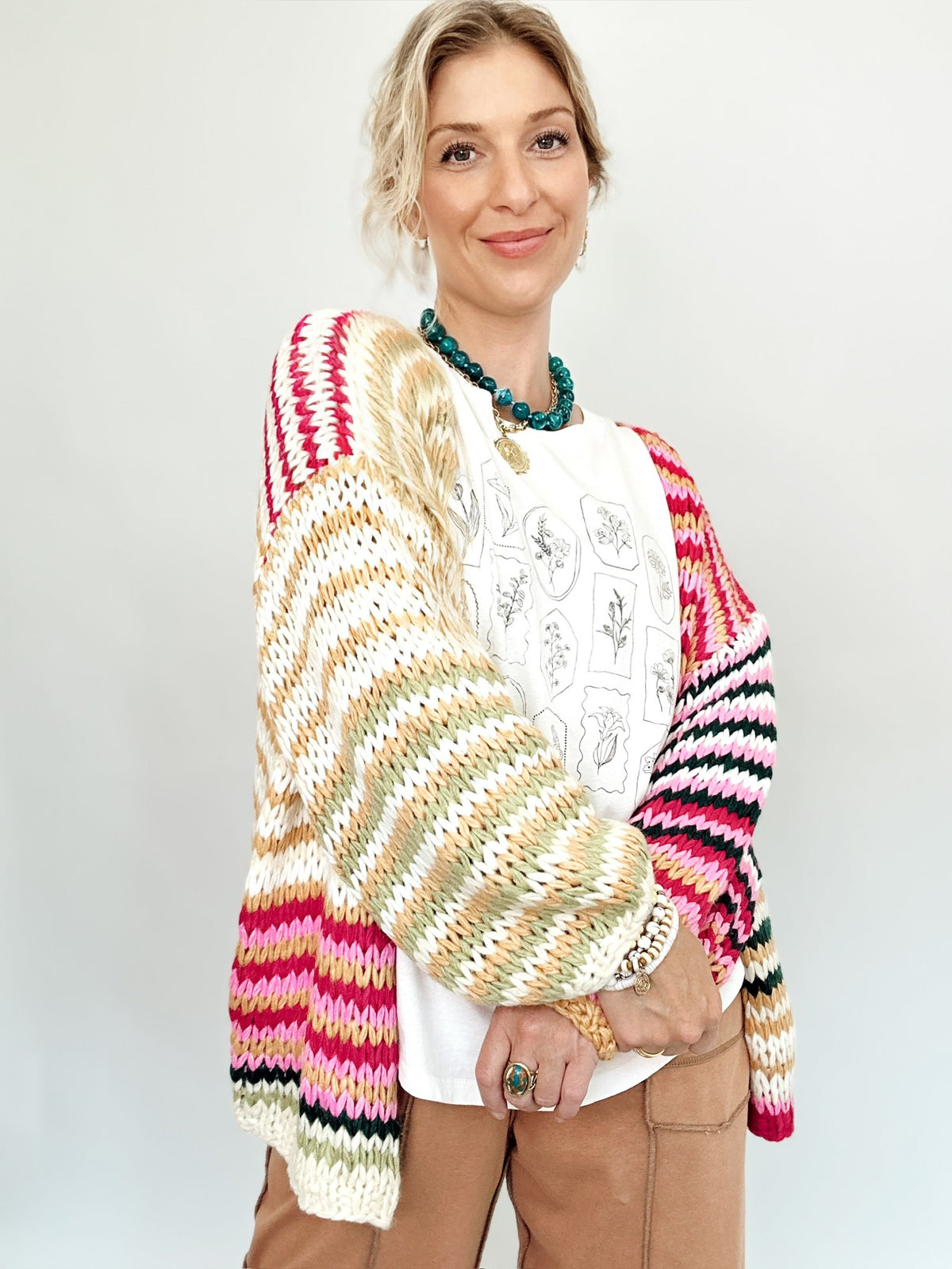 Kim Multi Stripe Chunky Knit Cardigan Cream