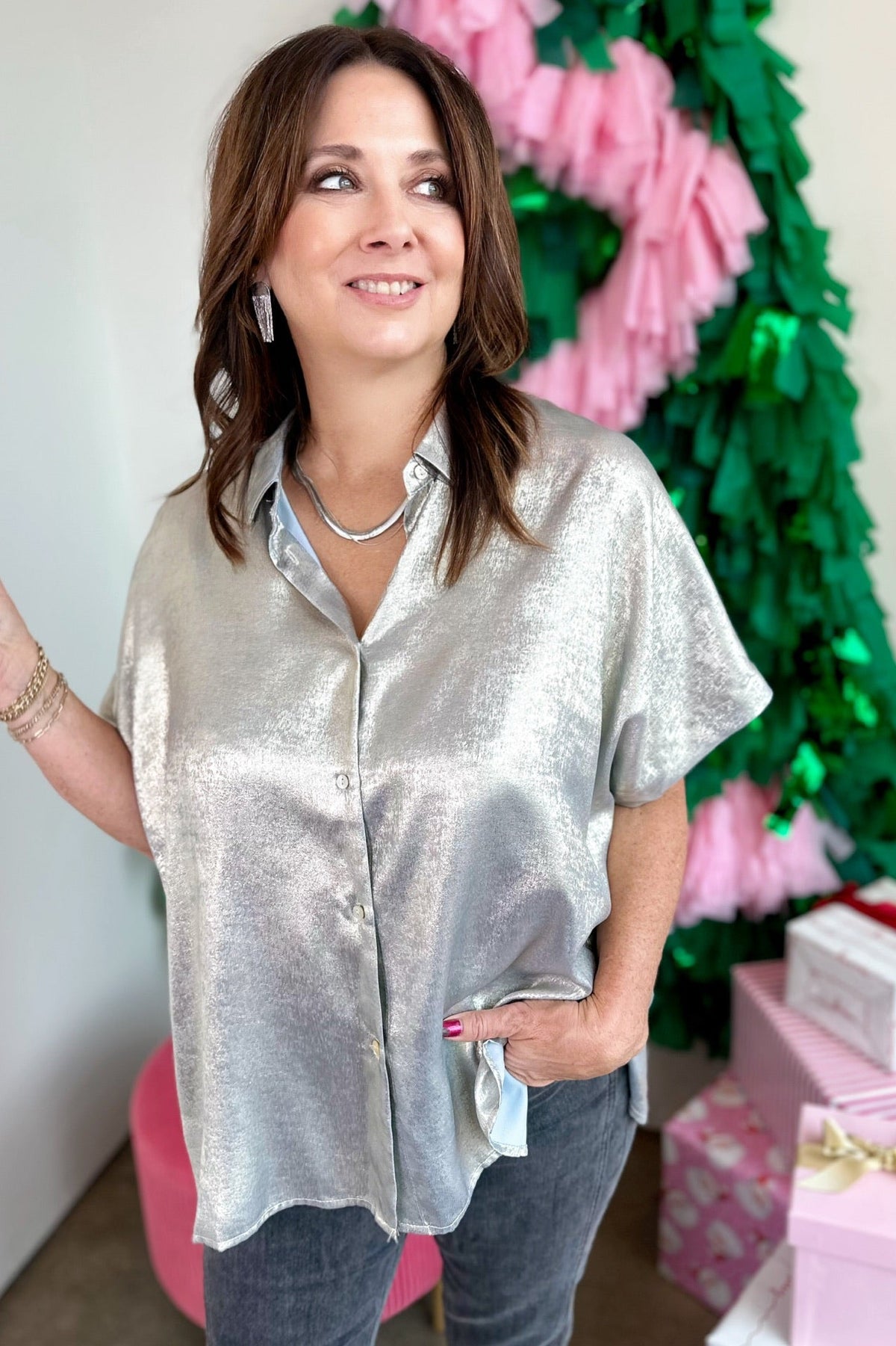 Victoria Metallic Blouse Silver