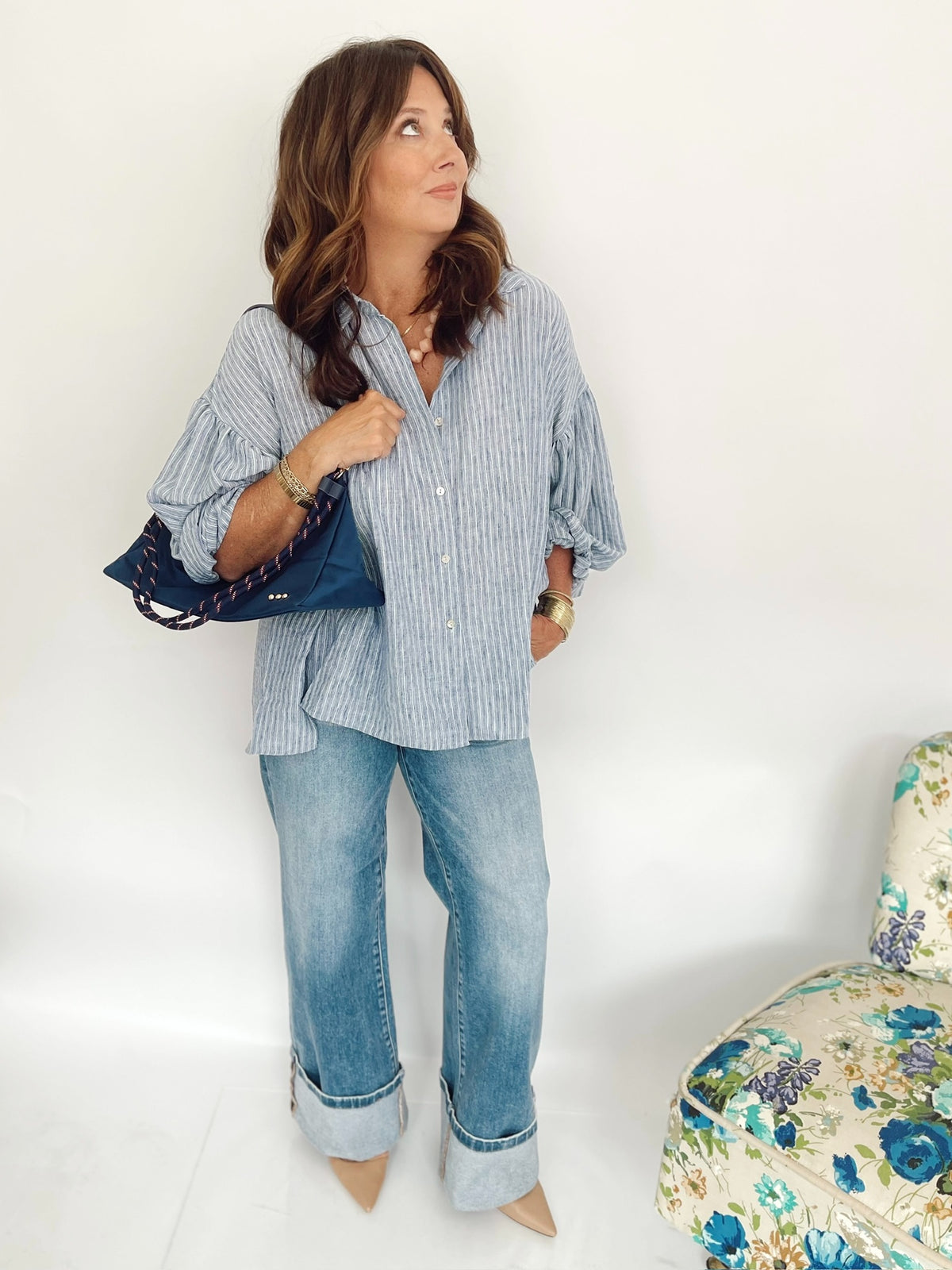 Macie Balloon Sleeve Stripe Shirt Blue