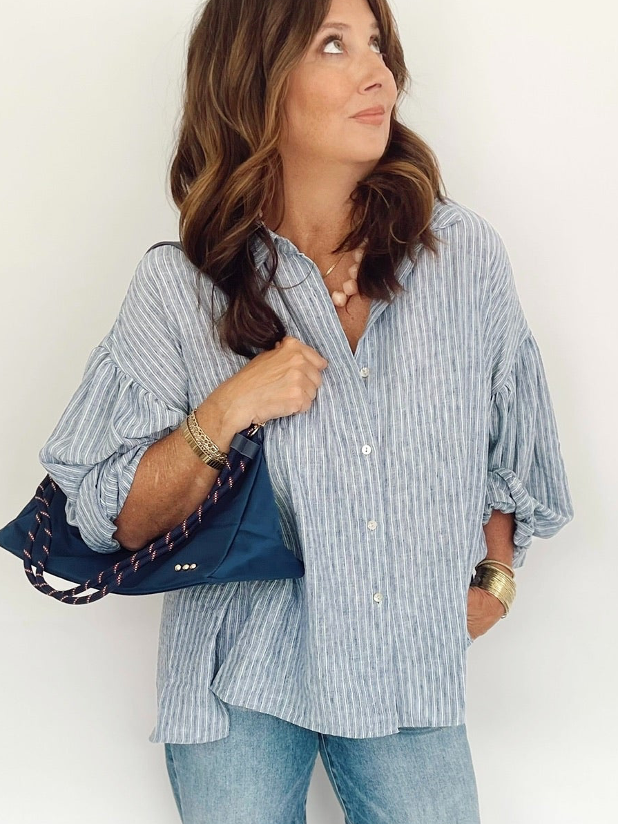 Macie Balloon Sleeve Stripe Shirt Blue