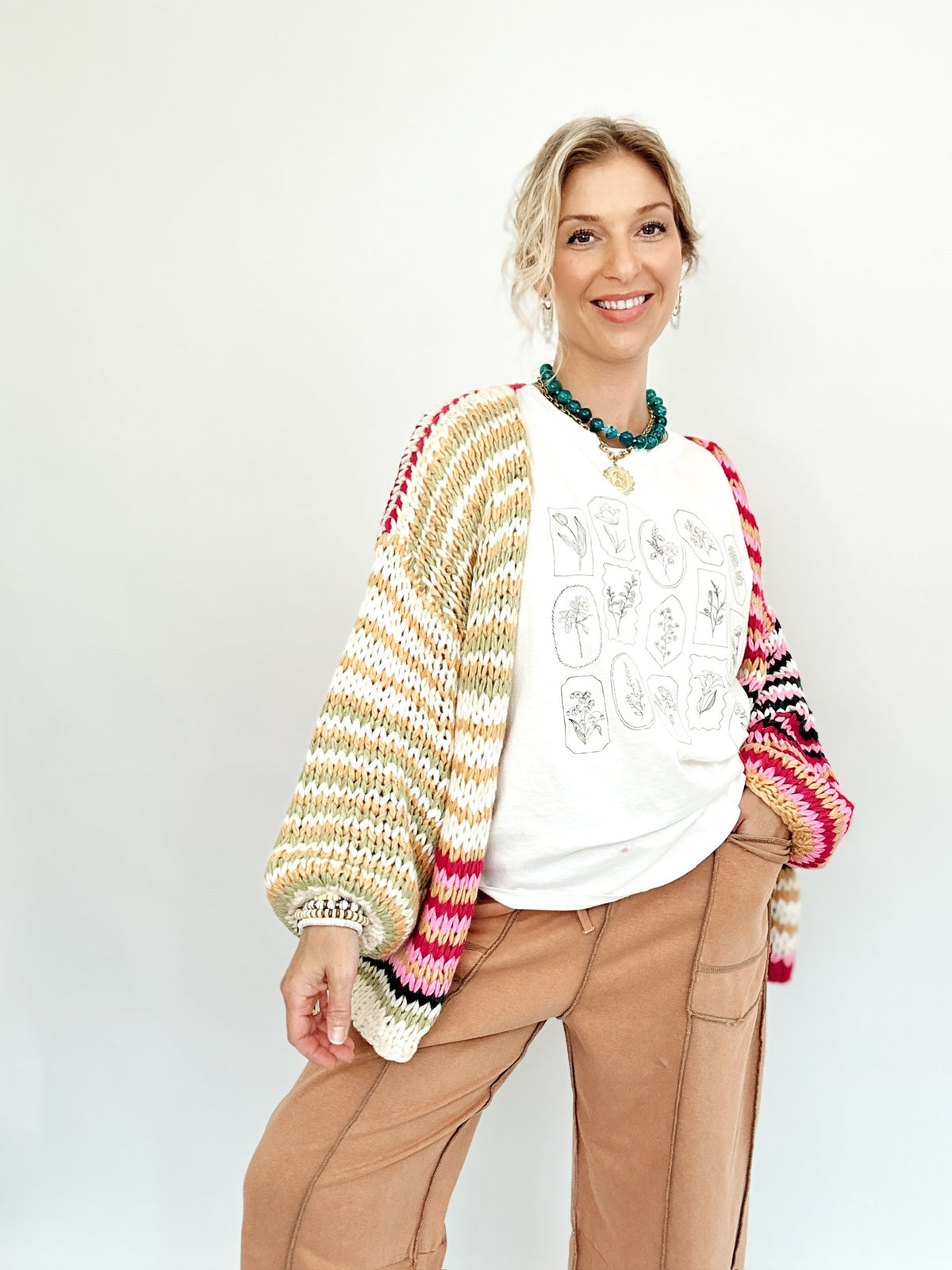 Kim Multi Stripe Chunky Knit Cardigan Cream