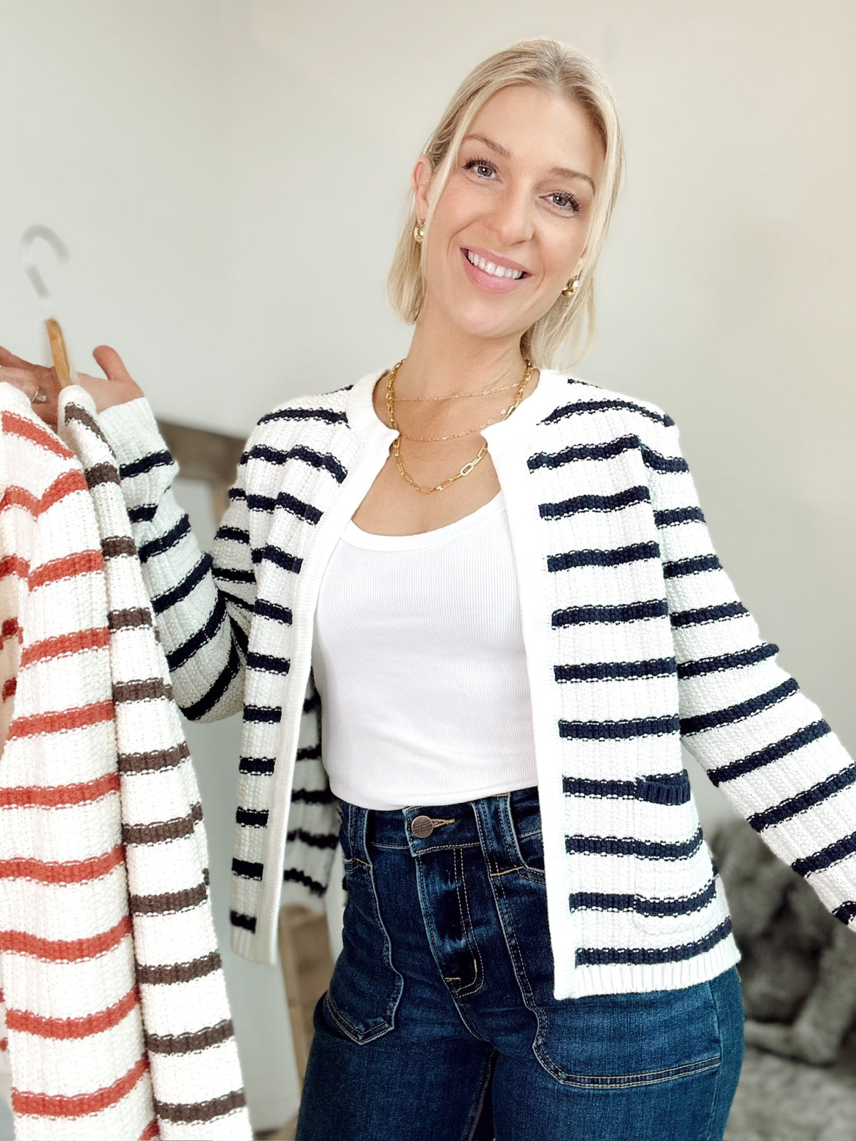 Tara Stripe Open Cardigan Poppy