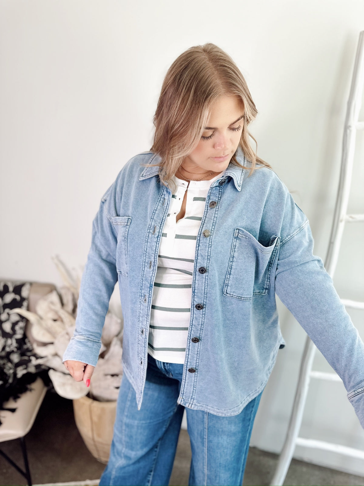 Harper Fleece Oversized Shacket Light Denim