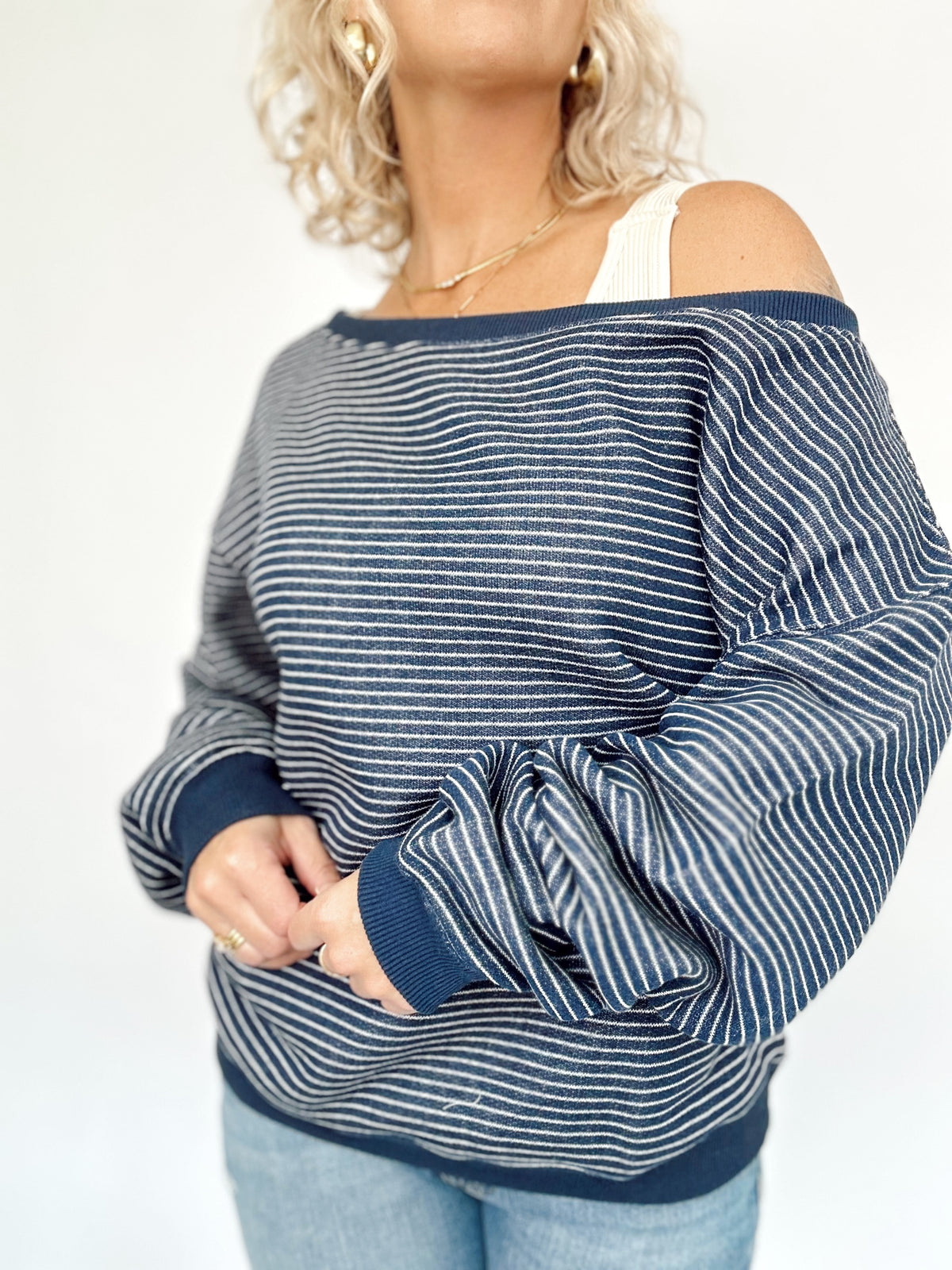 Jolene Striped Off The Shoulder Sweatshirt Navy