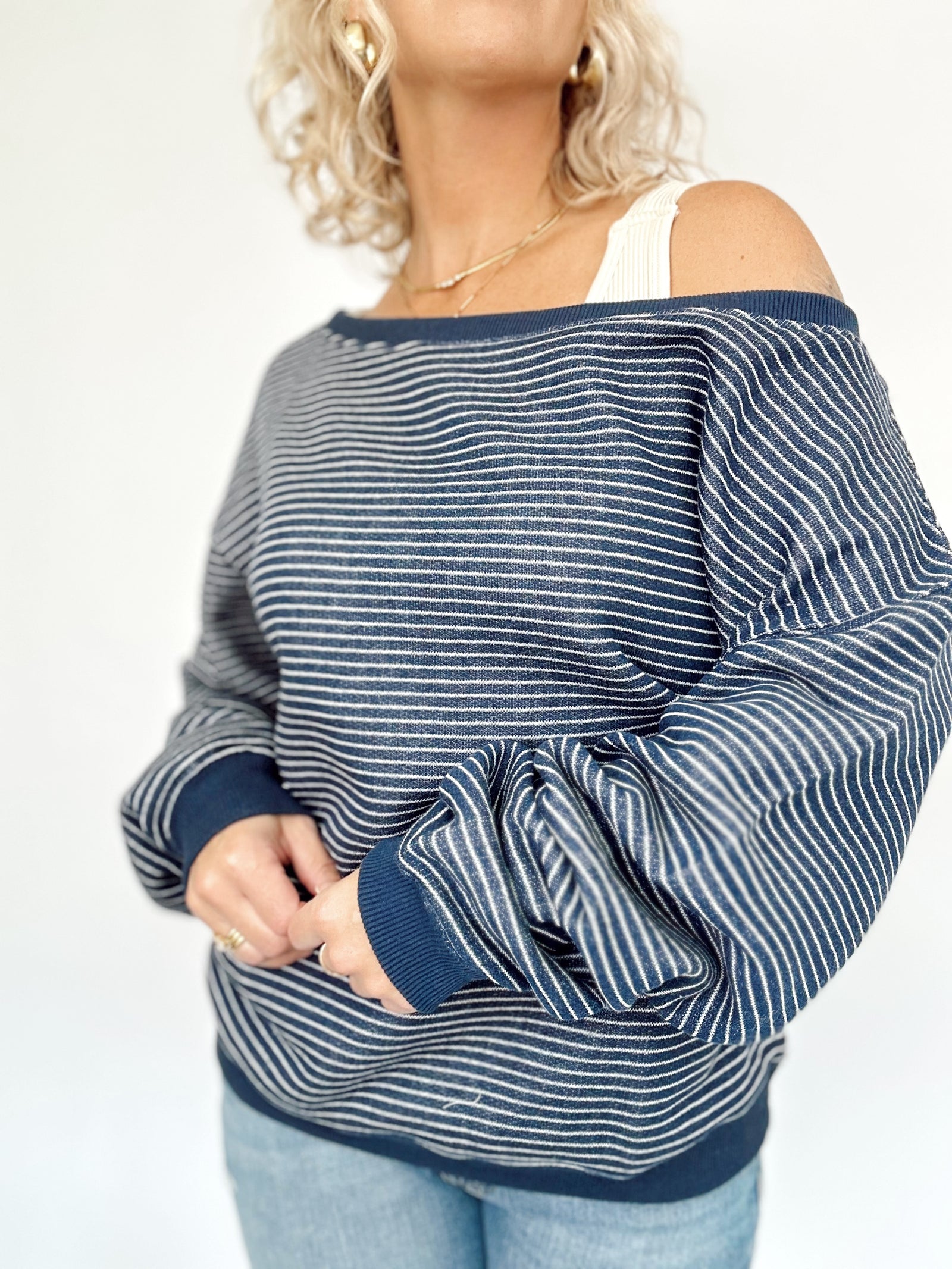 Jolene Striped Off The Shoulder Sweatshirt Navy