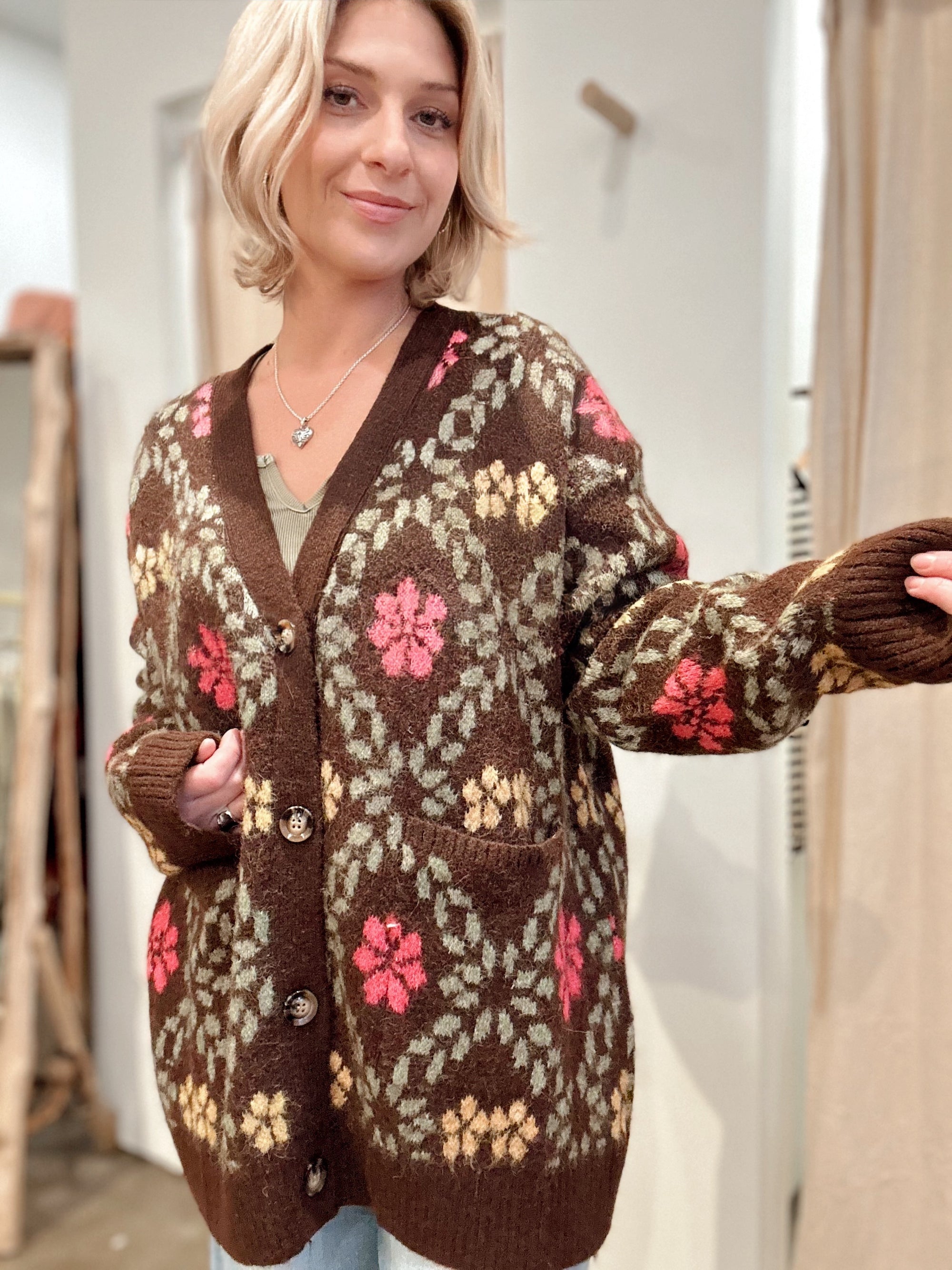 Harlee Floral Fuzzy Cardigan Brown
