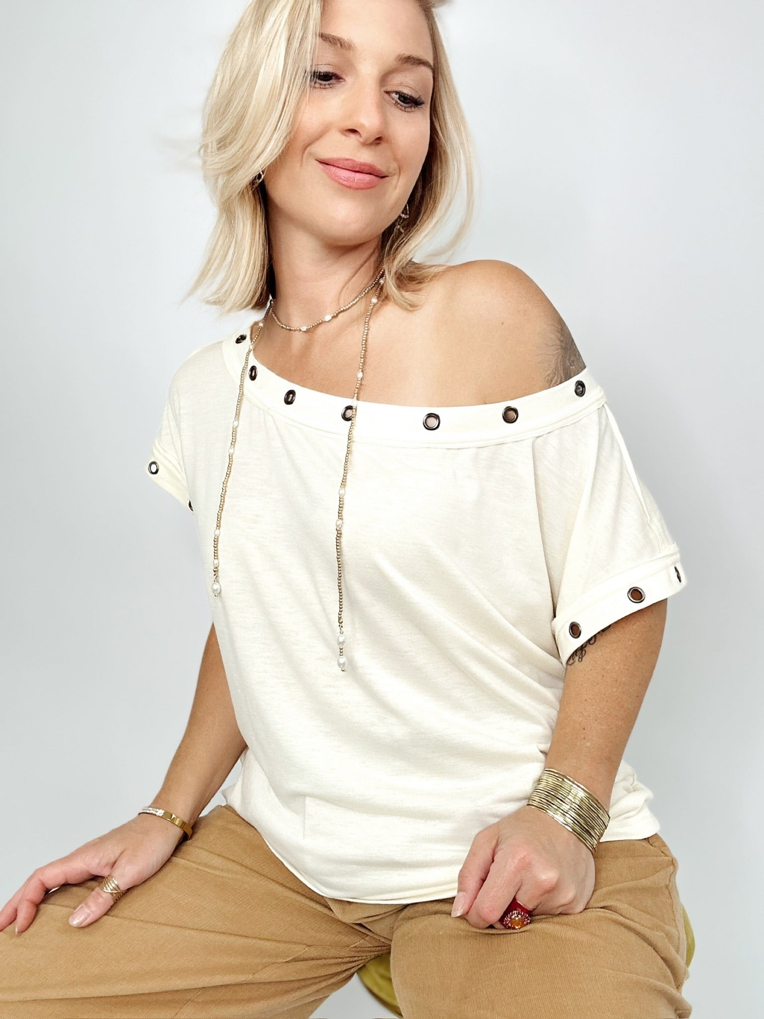 Saylor Metal Trim Eyelet Top