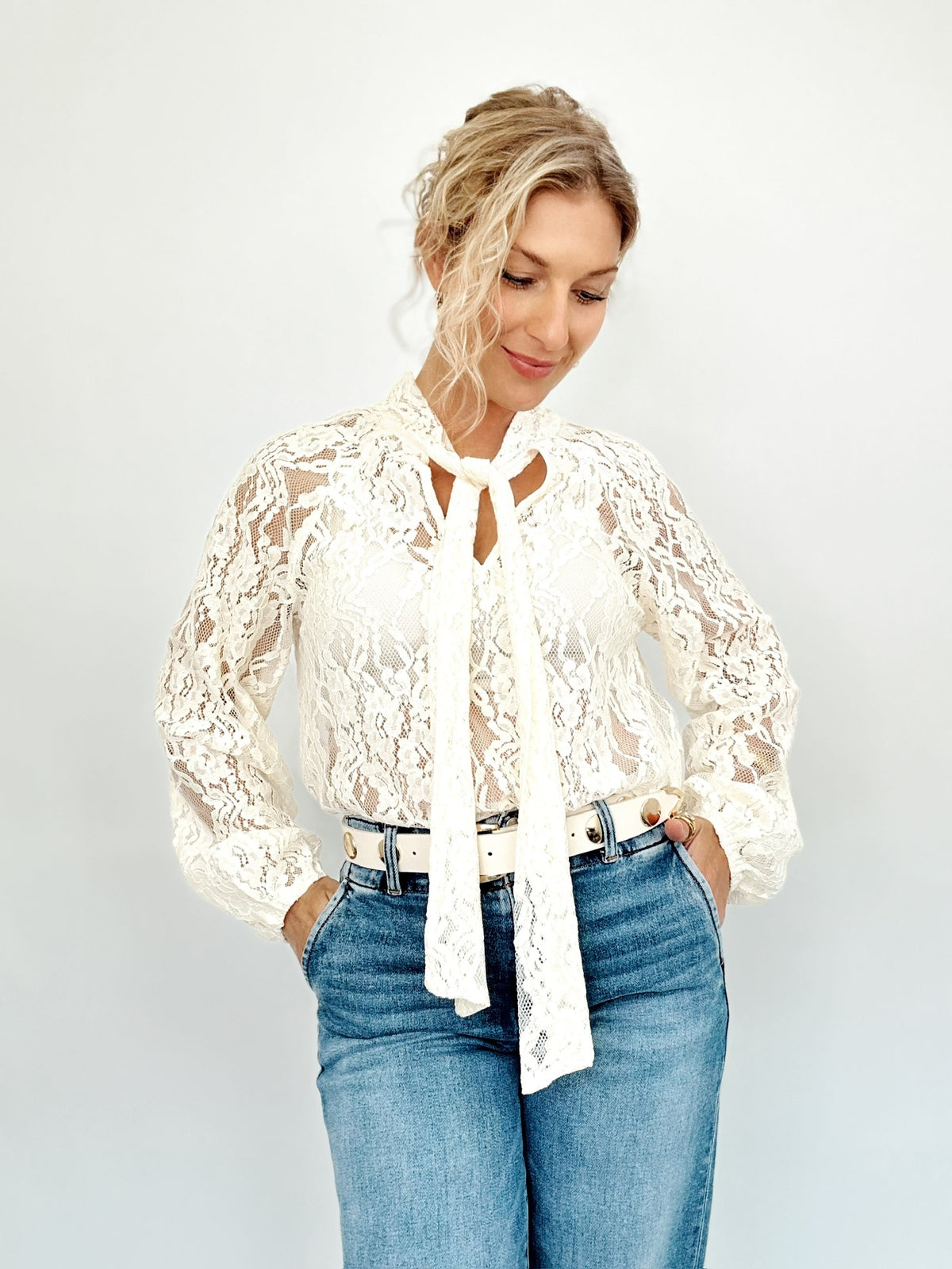Juliet Sheer Lace Tie Neck Blouse Ivory