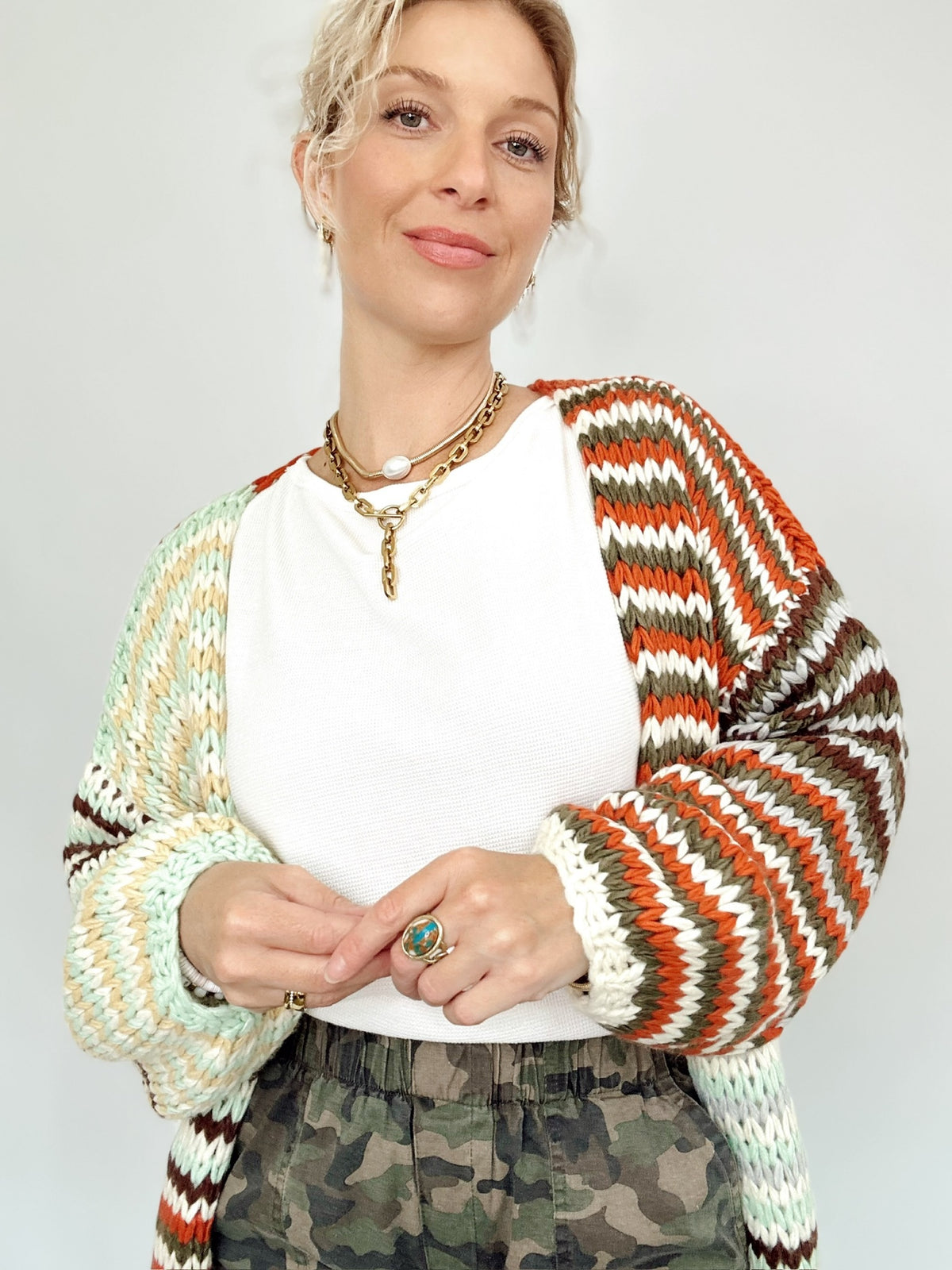 Kim Multi Stripe Chunky Knit Cardigan Rust