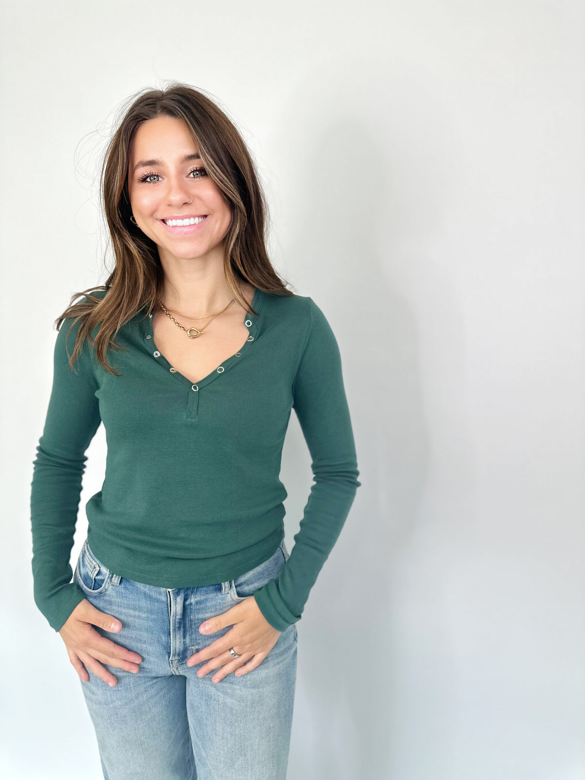 Ivy Long Sleeve Henley Top Dark Green