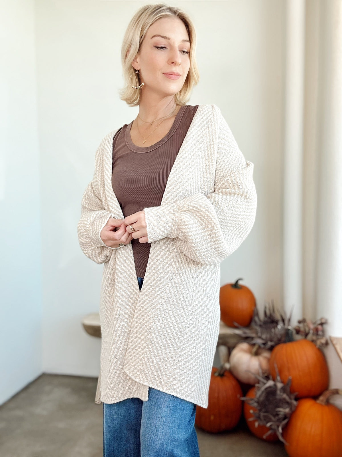Emma Herringbone Cardigan Taupe
