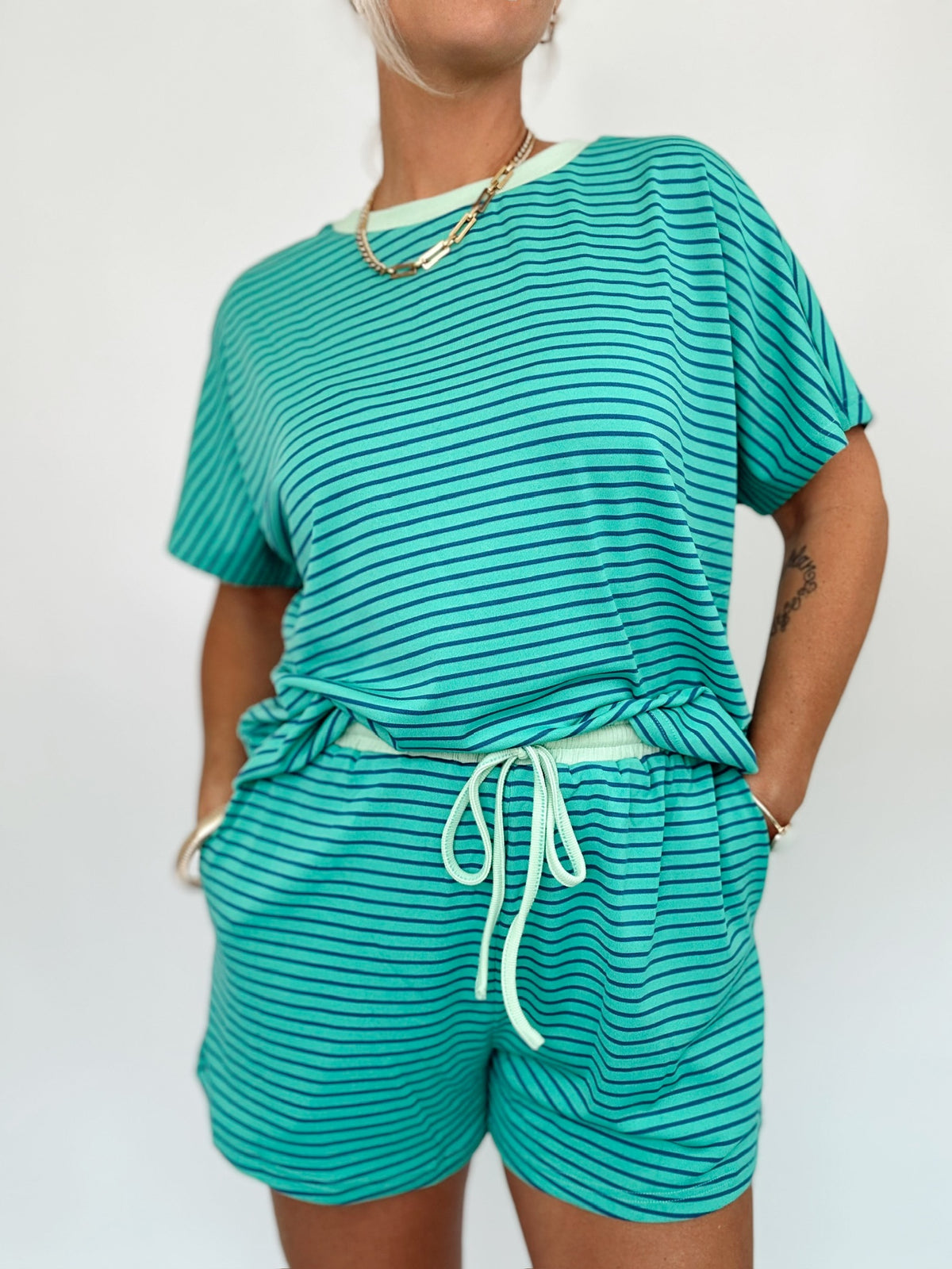Annie Striped Tee &amp; Short Set Emerald/Mint