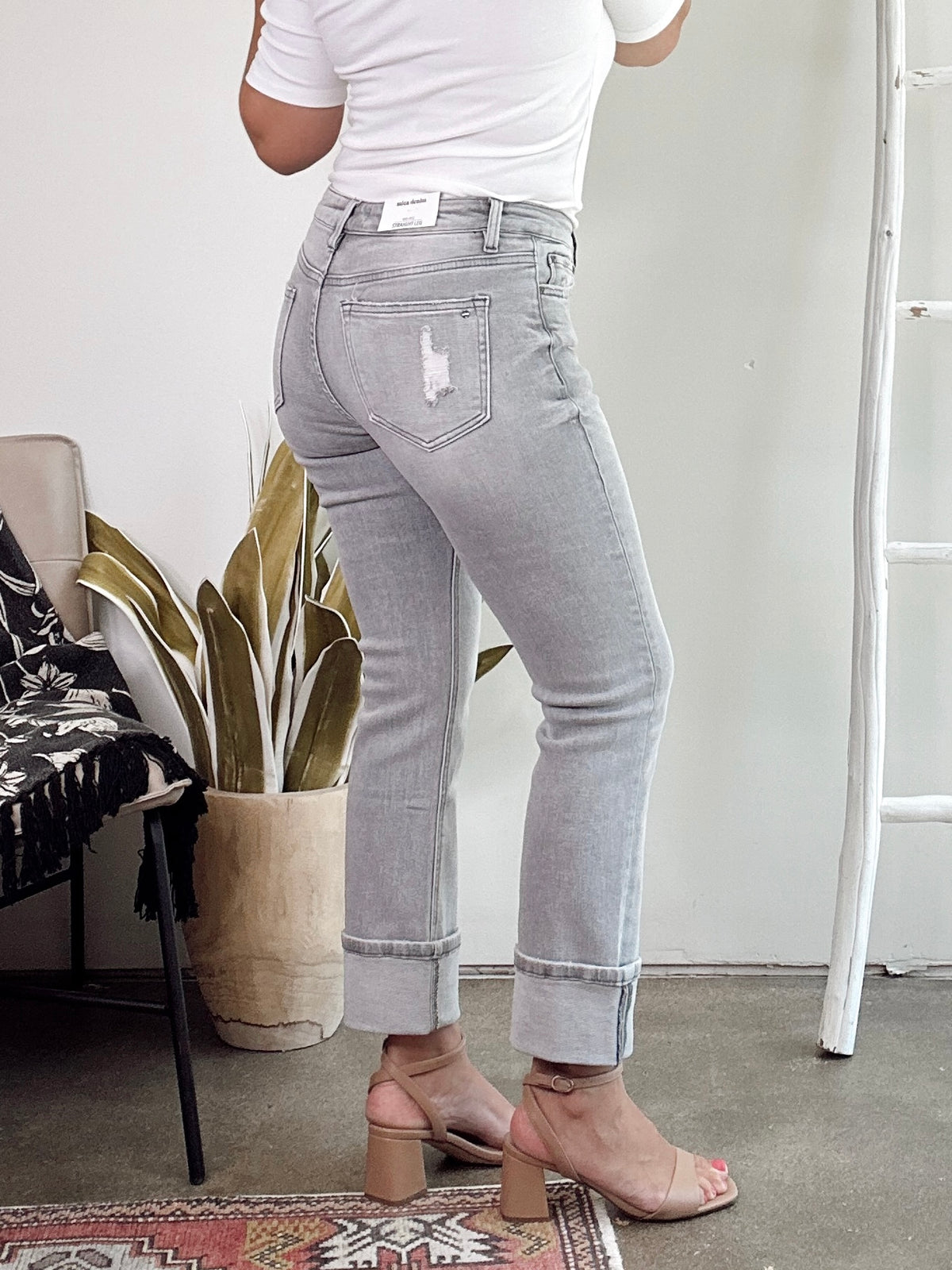 Kim Mid Rise Cuffed Straight Leg Jeans
