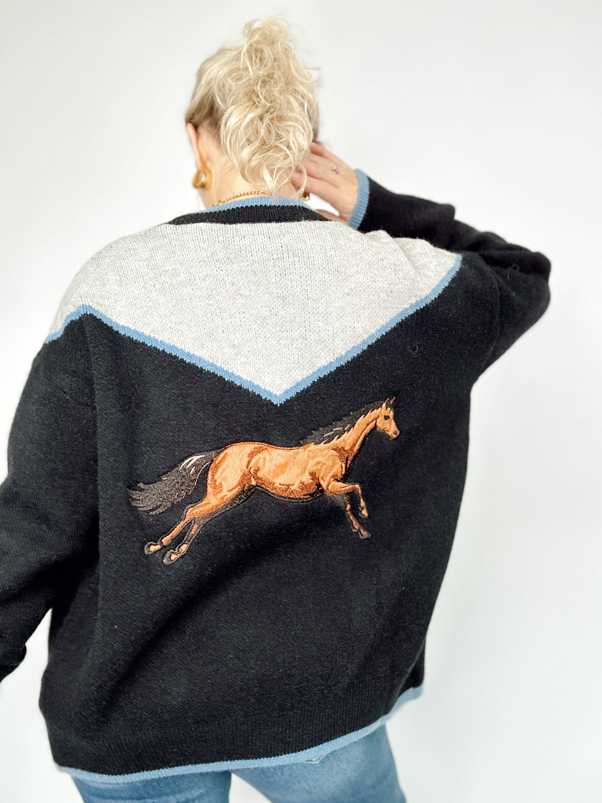 Horse Embroidered Sweater Cardigan Black