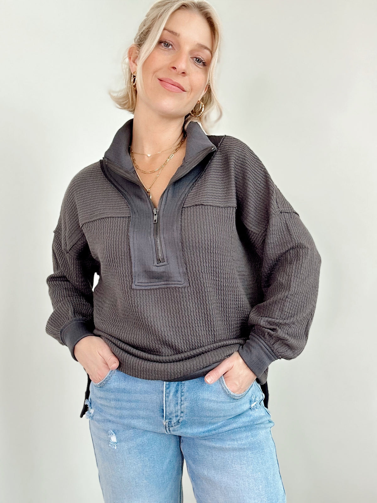 Joanna Half Zip Waffle Knit Top Charcoal