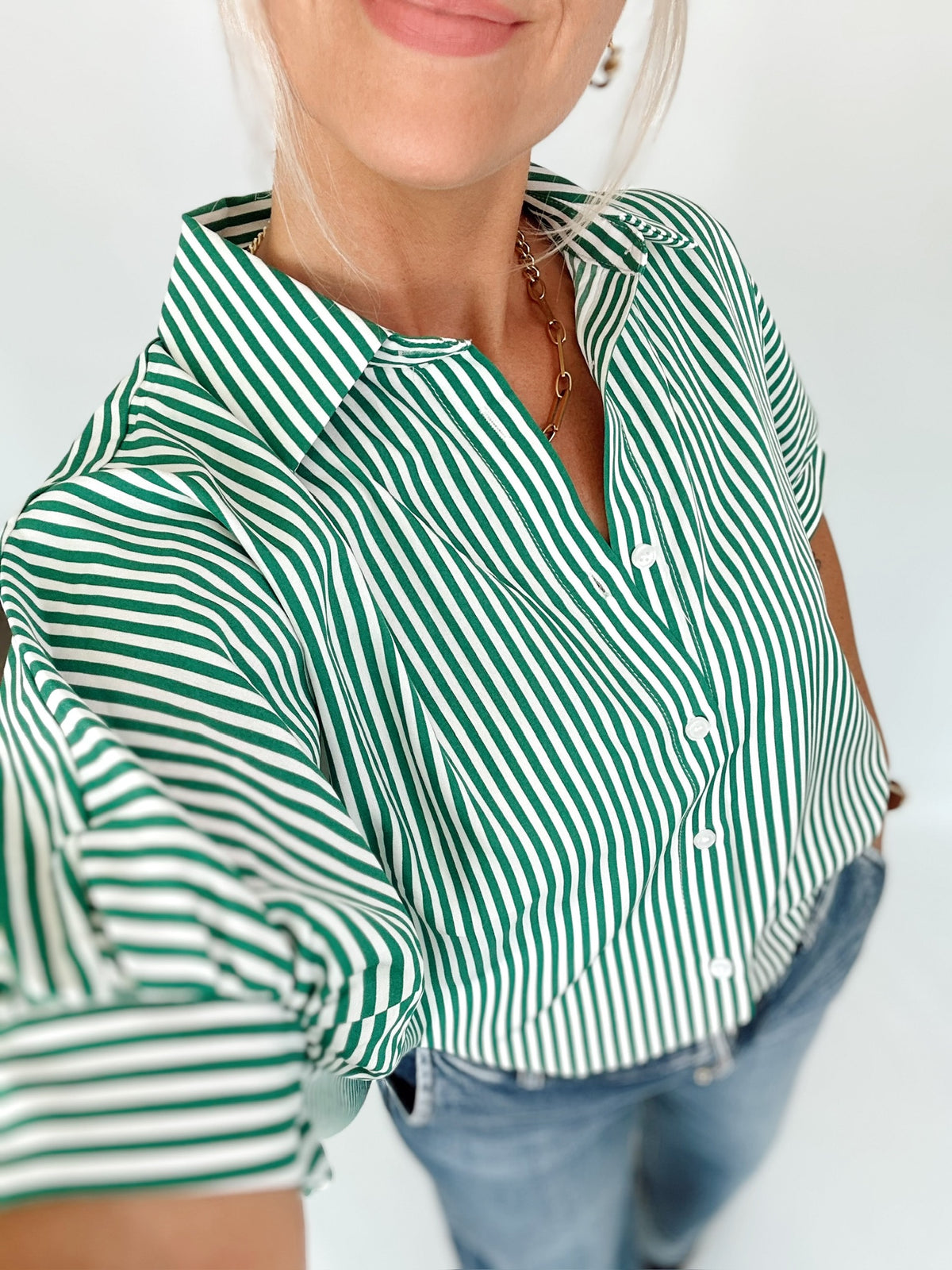 Ellen Button Down Stripe Shirt Green