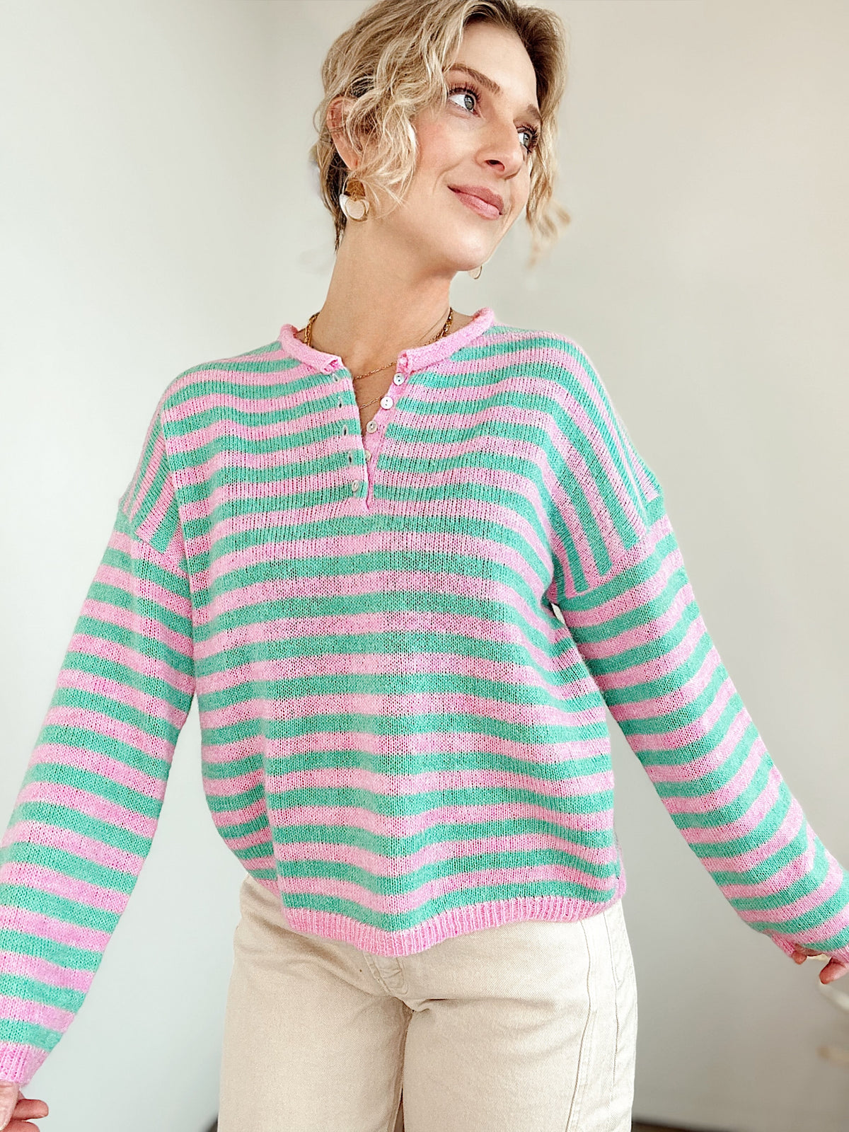 Rue Stripe Half Button Sweater Pink/Mint