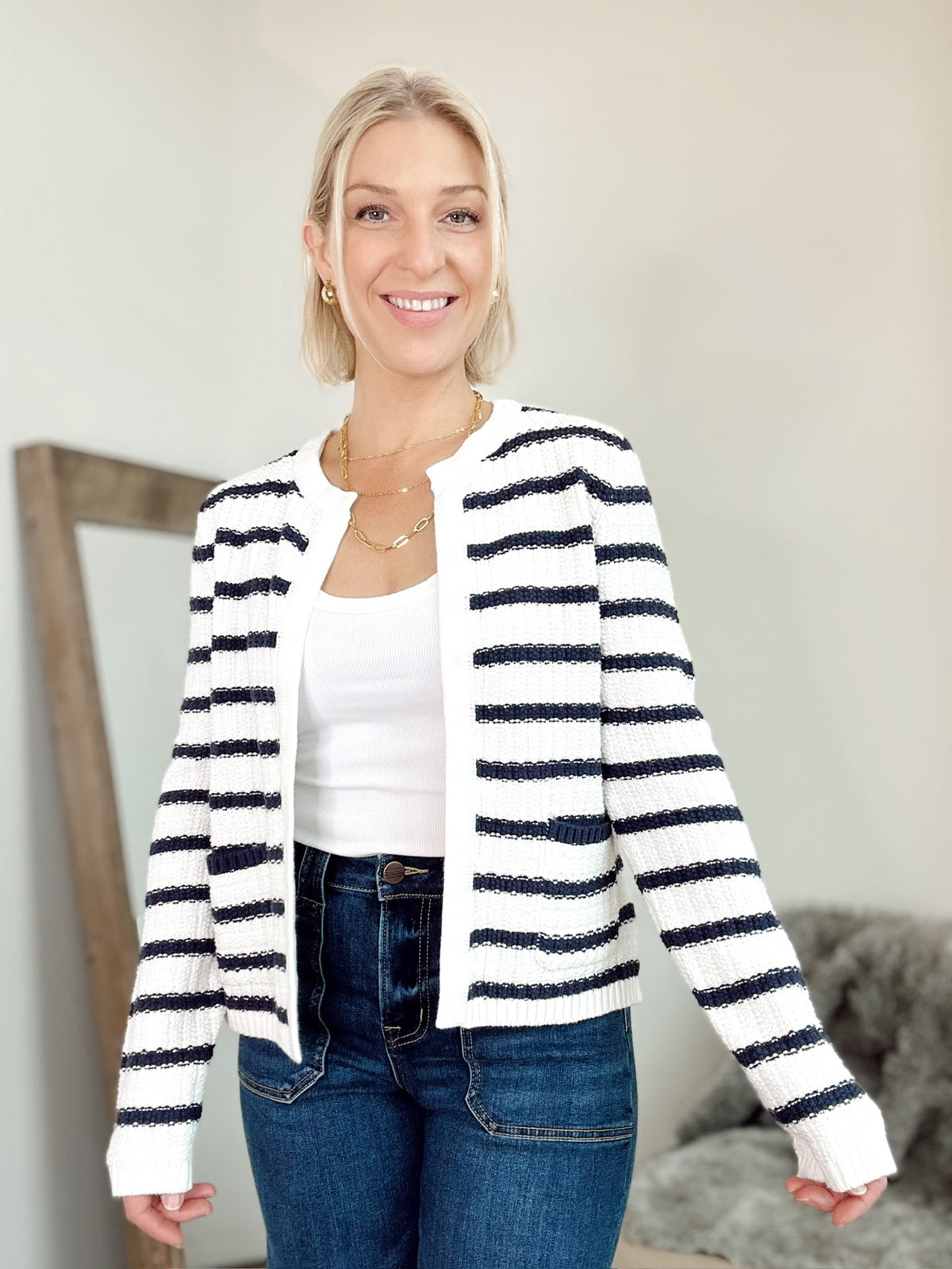 Tara Stripe Open Cardigan Navy