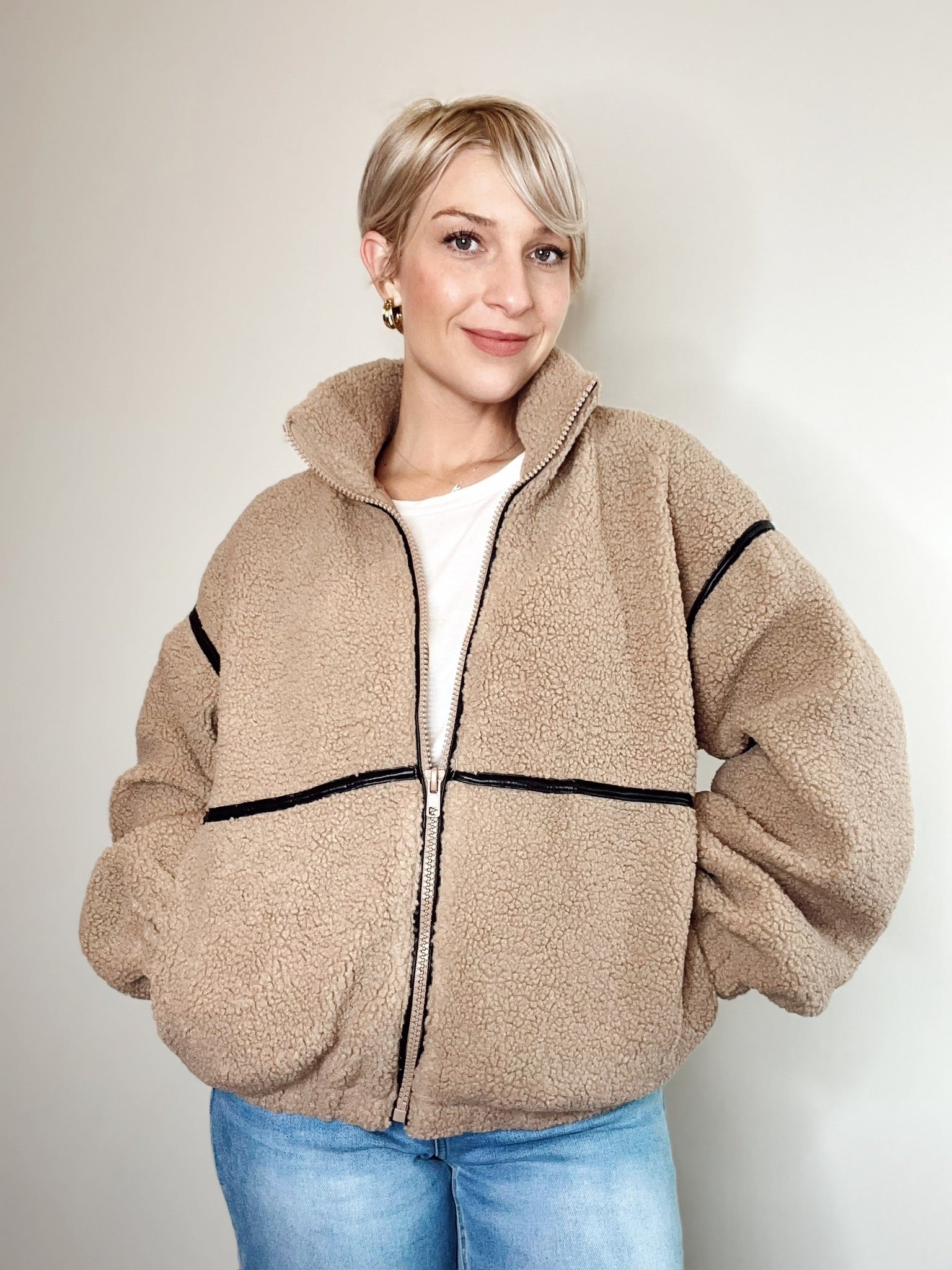 ジャケット・アウター cheeeek Klaire Faux Leather Trimmed Sherpa Fleece Jacket - Shanty Boutique