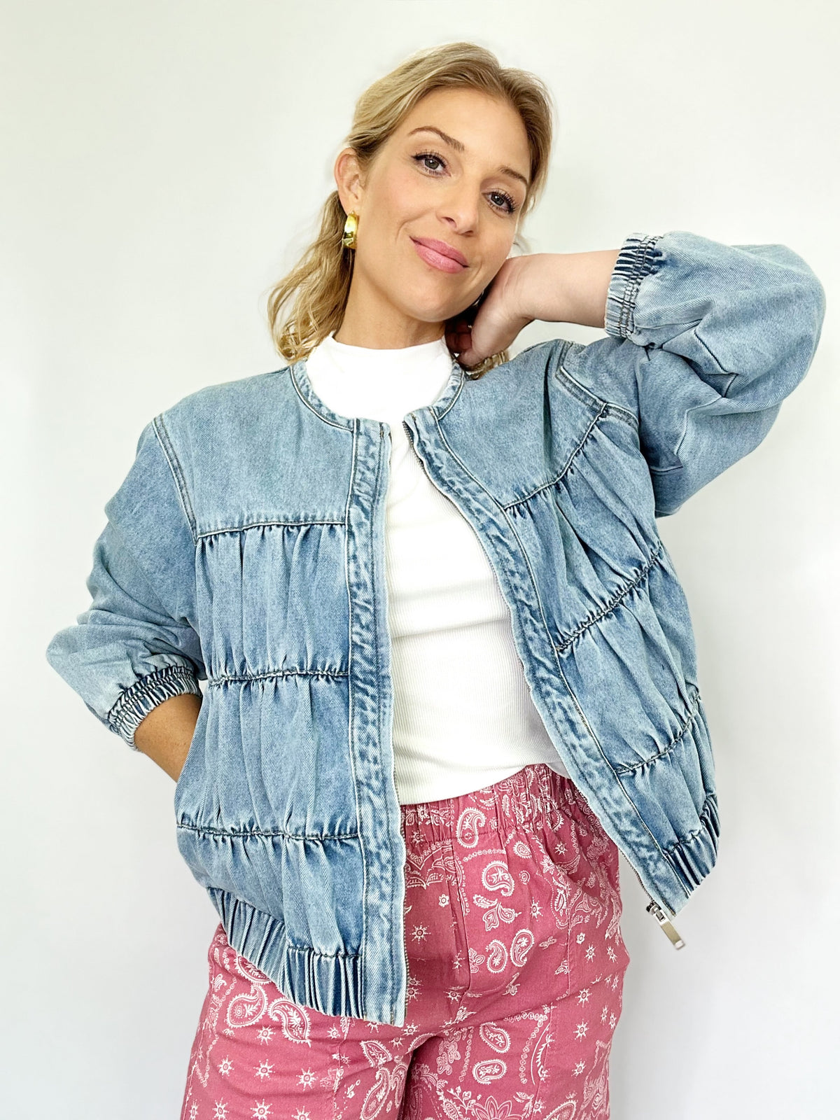 Dee Ruched Seam Denim Bomber Jacket