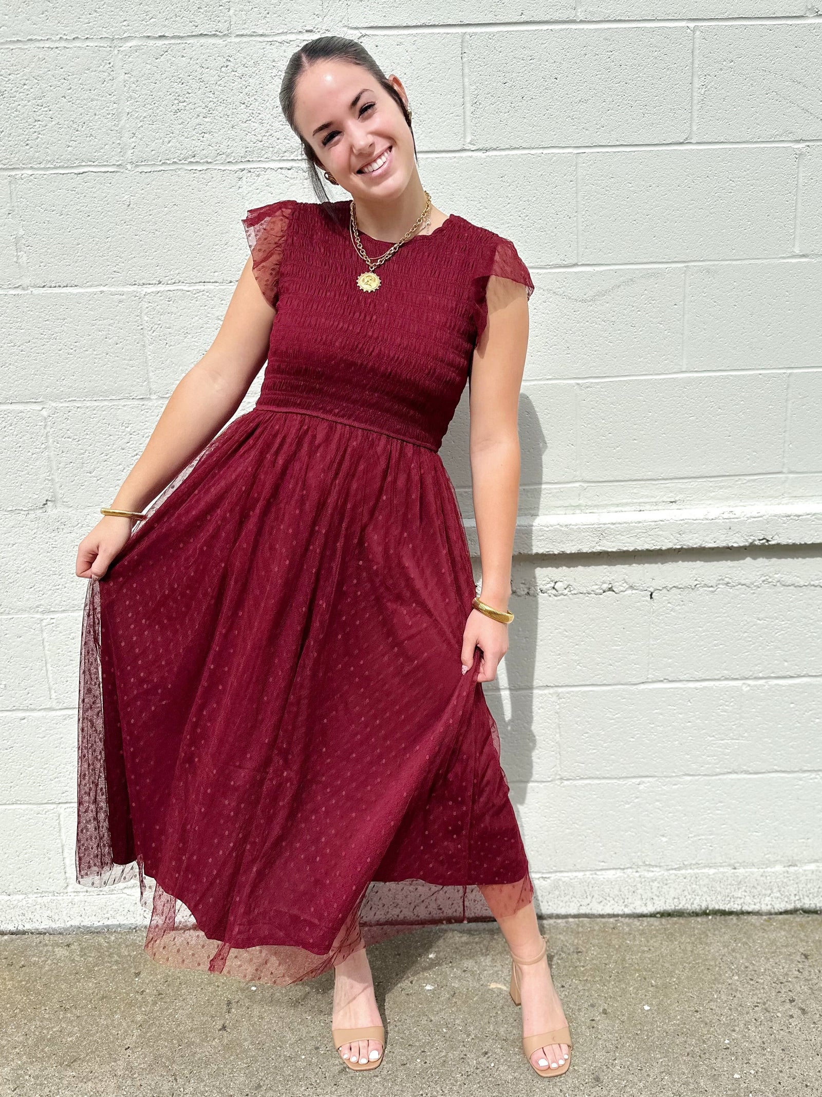 Tasha Polka Dot Chiffon Midi Dress Burgundy