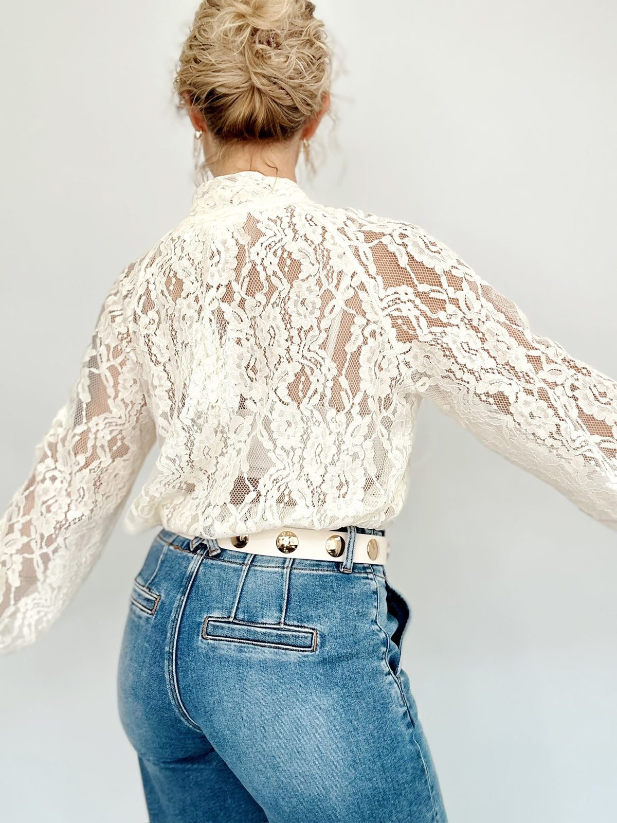 Juliet Sheer Lace Tie Neck Blouse Ivory
