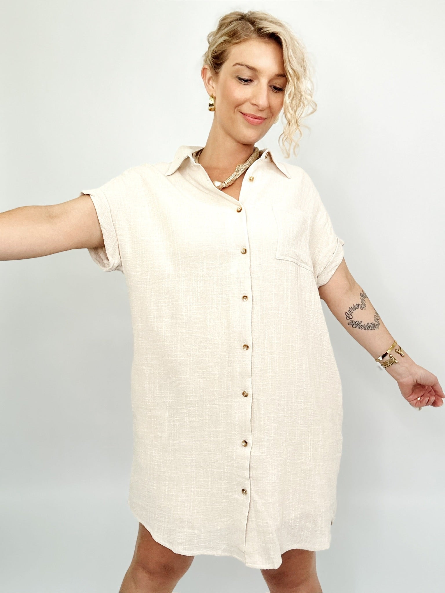 Penelope Button Up Shirt Mini Dress Oatmeal
