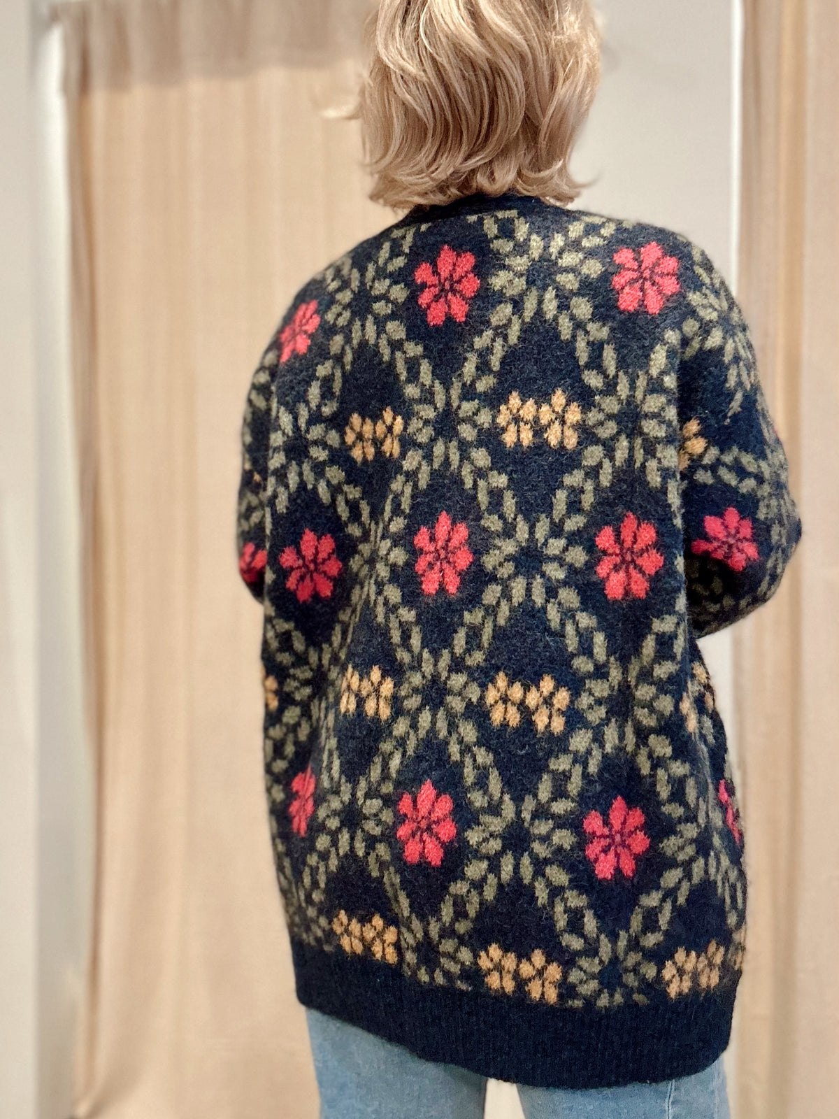 Harlee Floral Fuzzy Cardigan Navy