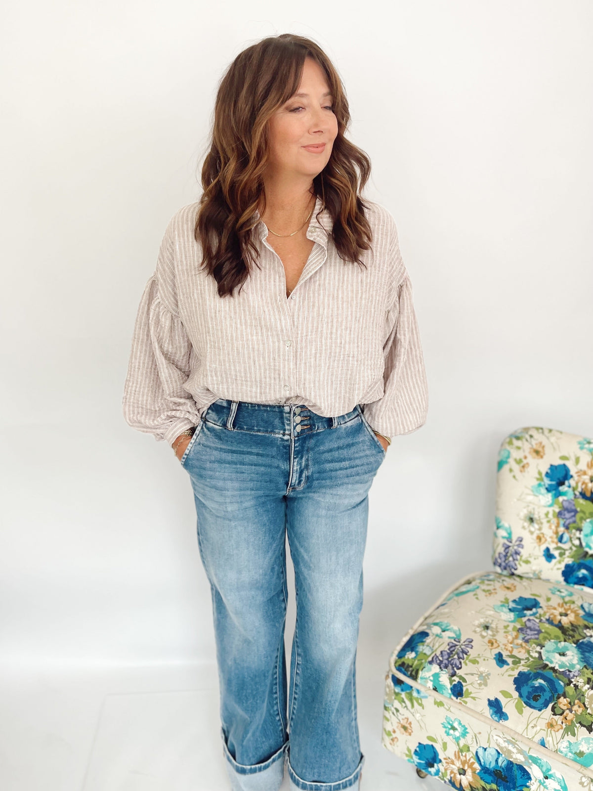 Macie Balloon Sleeve Stripe Shirt Taupe