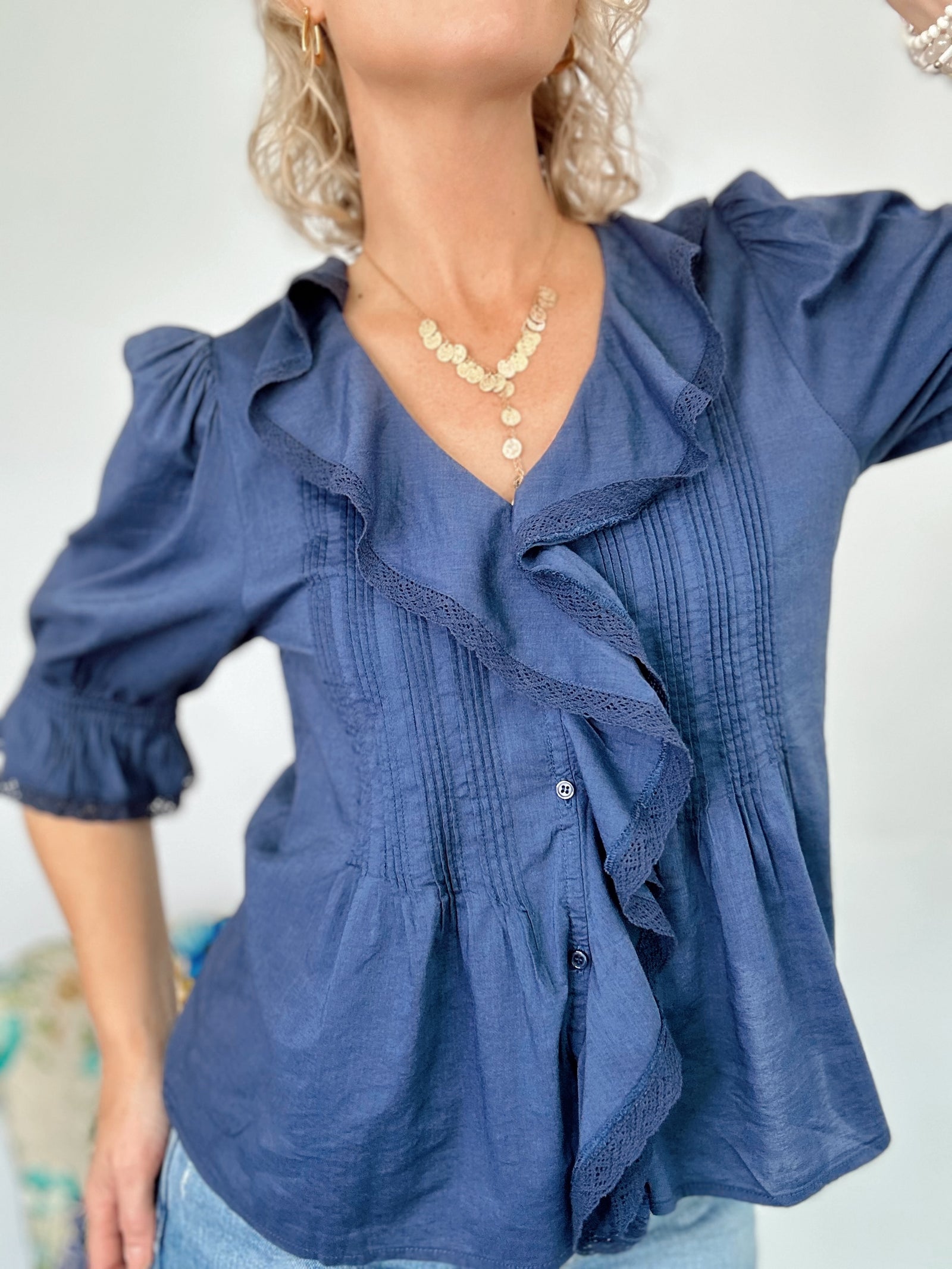 Raquel Ruffled Pintuck Blouse Indigo