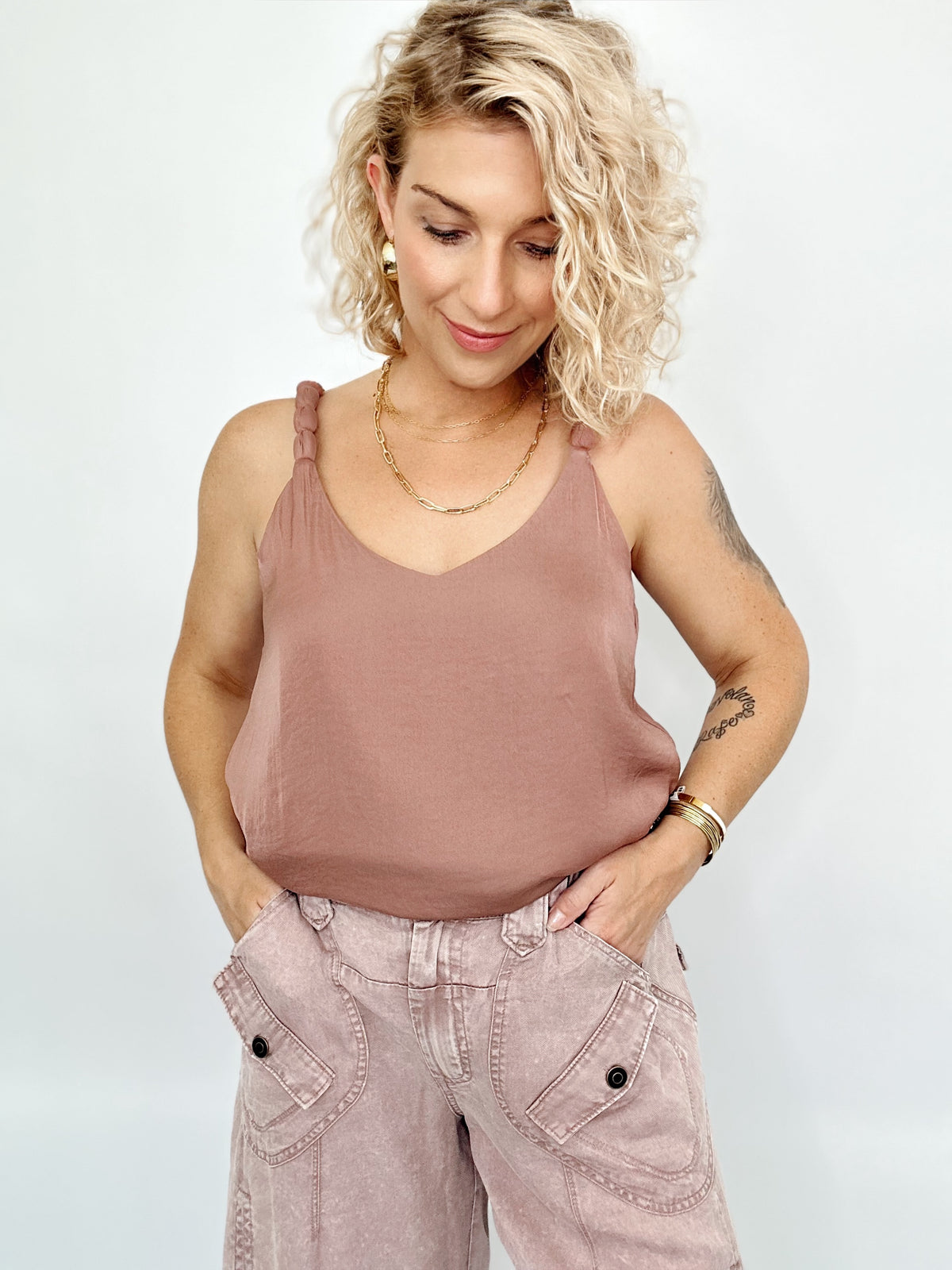 Gina V-neck Accent Strap Tank Mauve