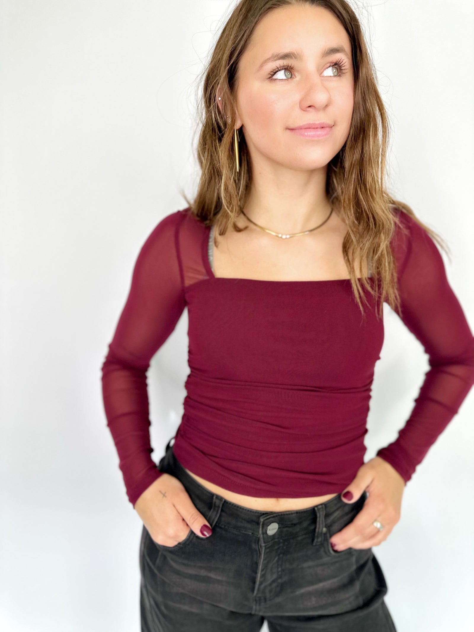 Sienna Ruched Square Neck Top Burgundy