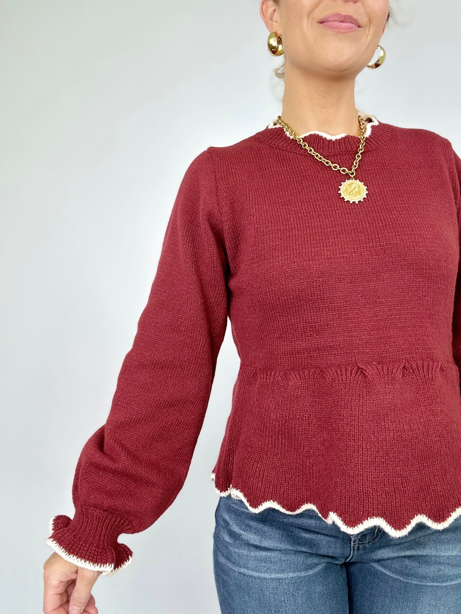 Eden Scalloped Peplum Sweater Merlot