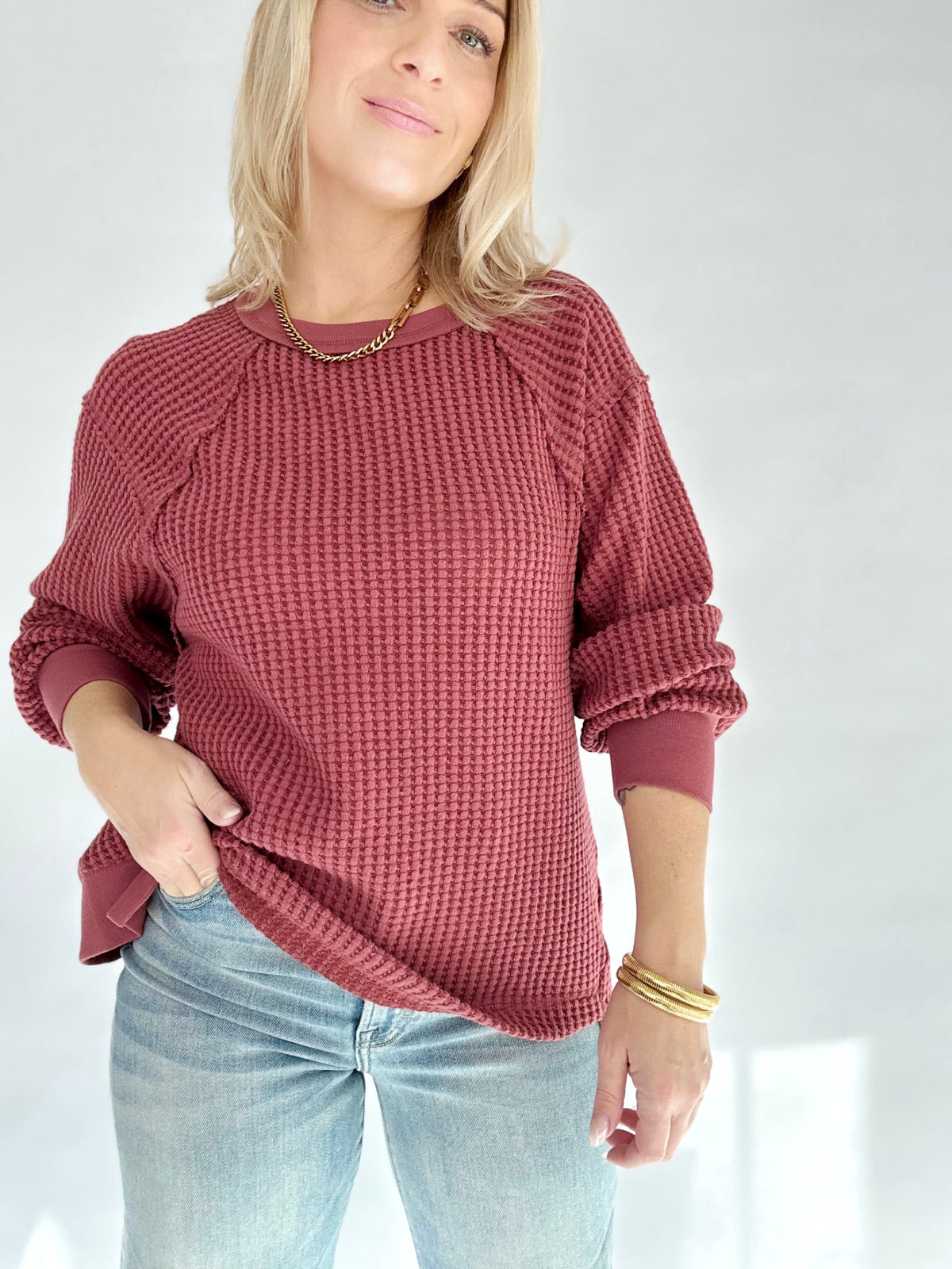 Tabitha Waffle Patch Detail Pullover Burgundy
