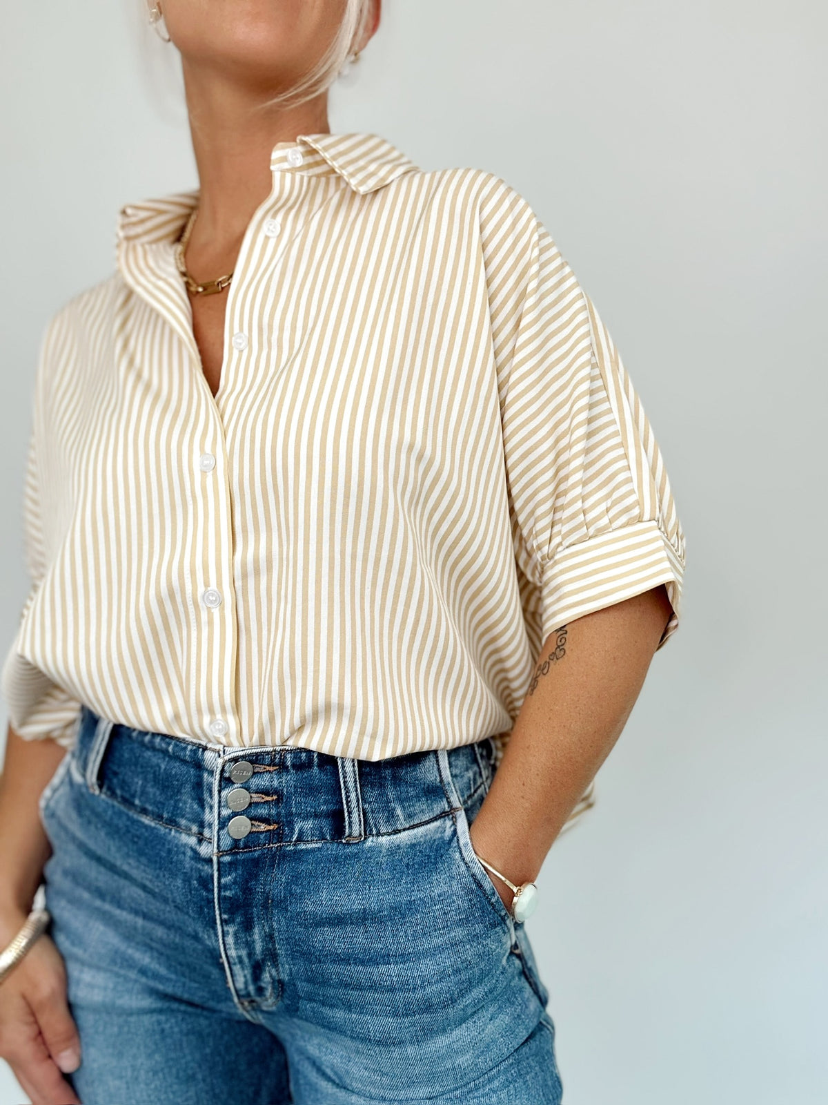 Ellen Button Down Stripe Shirt Taupe