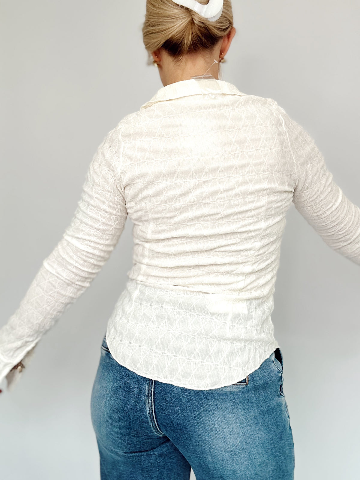Paula Textured Button Up Collared Top Ivory