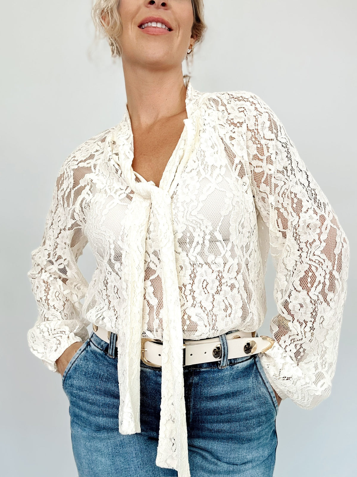 Juliet Sheer Lace Tie Neck Blouse Ivory