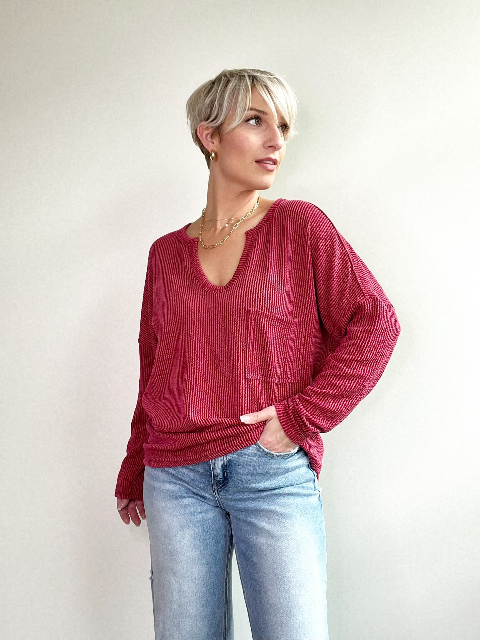 Jensen Textured Rib Top, Burgundy