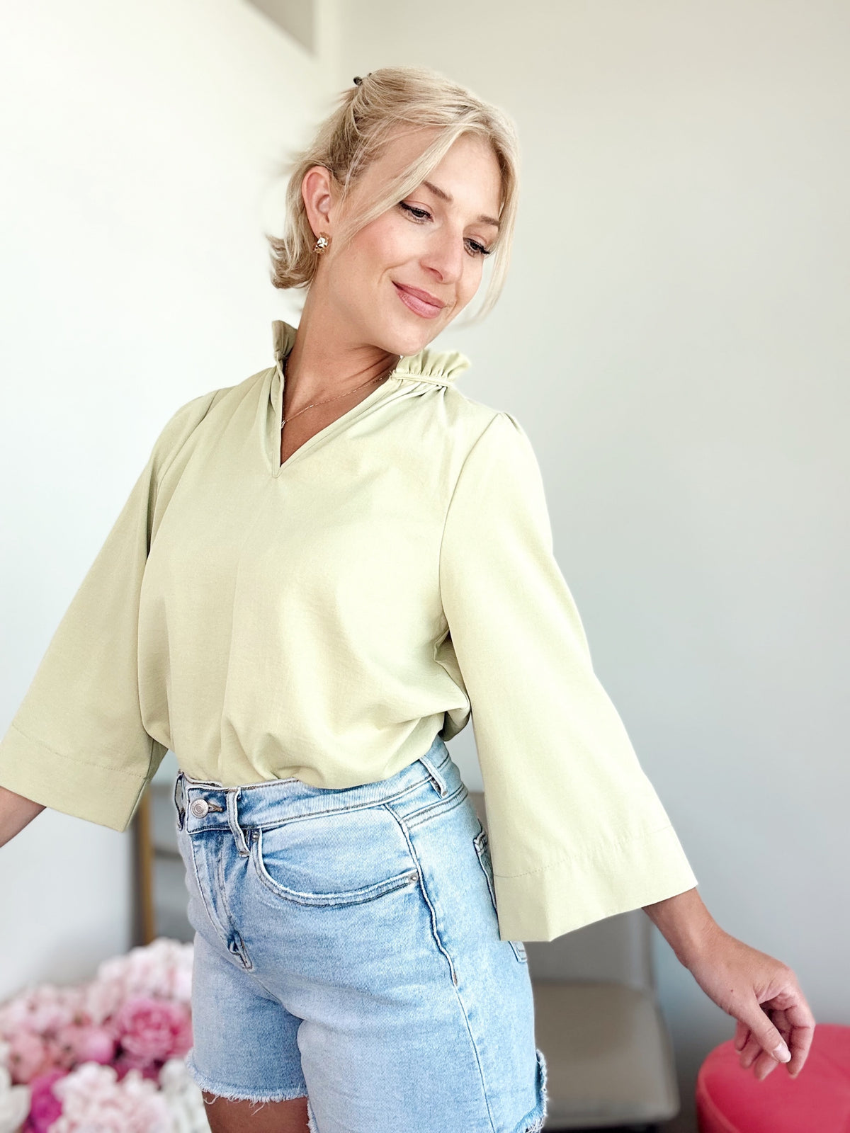 Tina Ruffled Neck Blouse Grass