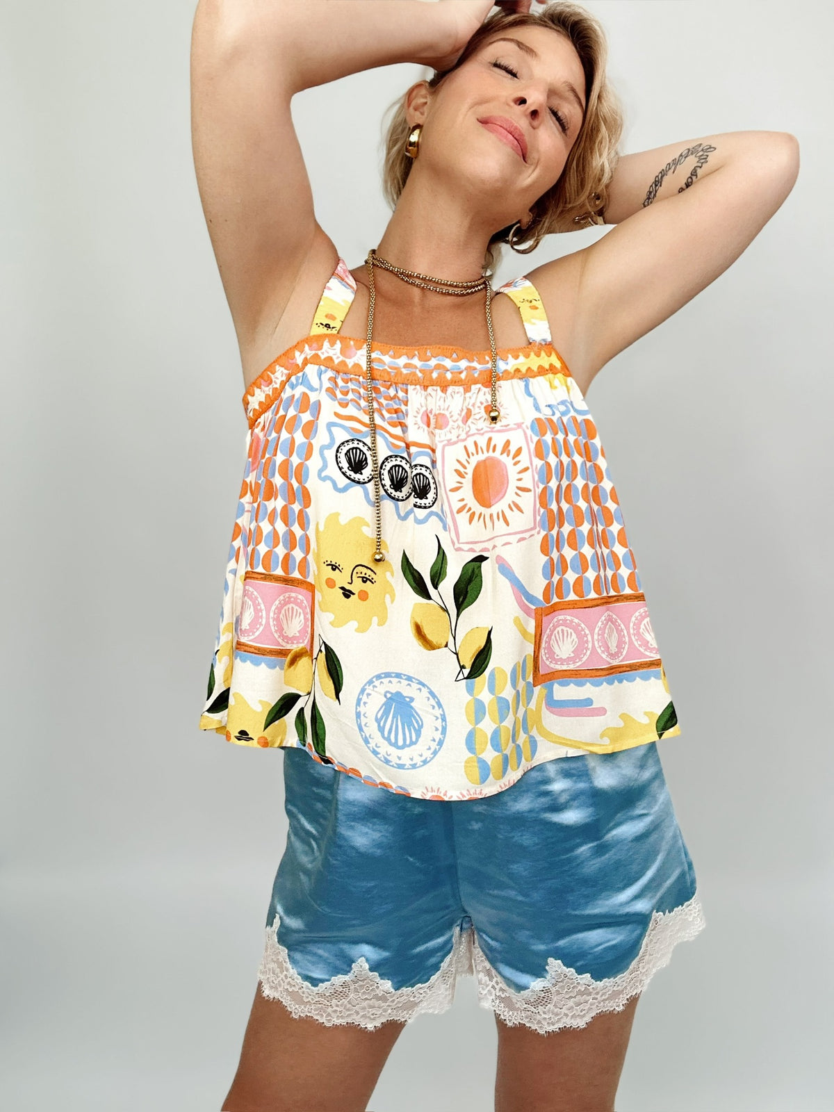 Gigi Lace Trimmed Satin Shorts Chambray