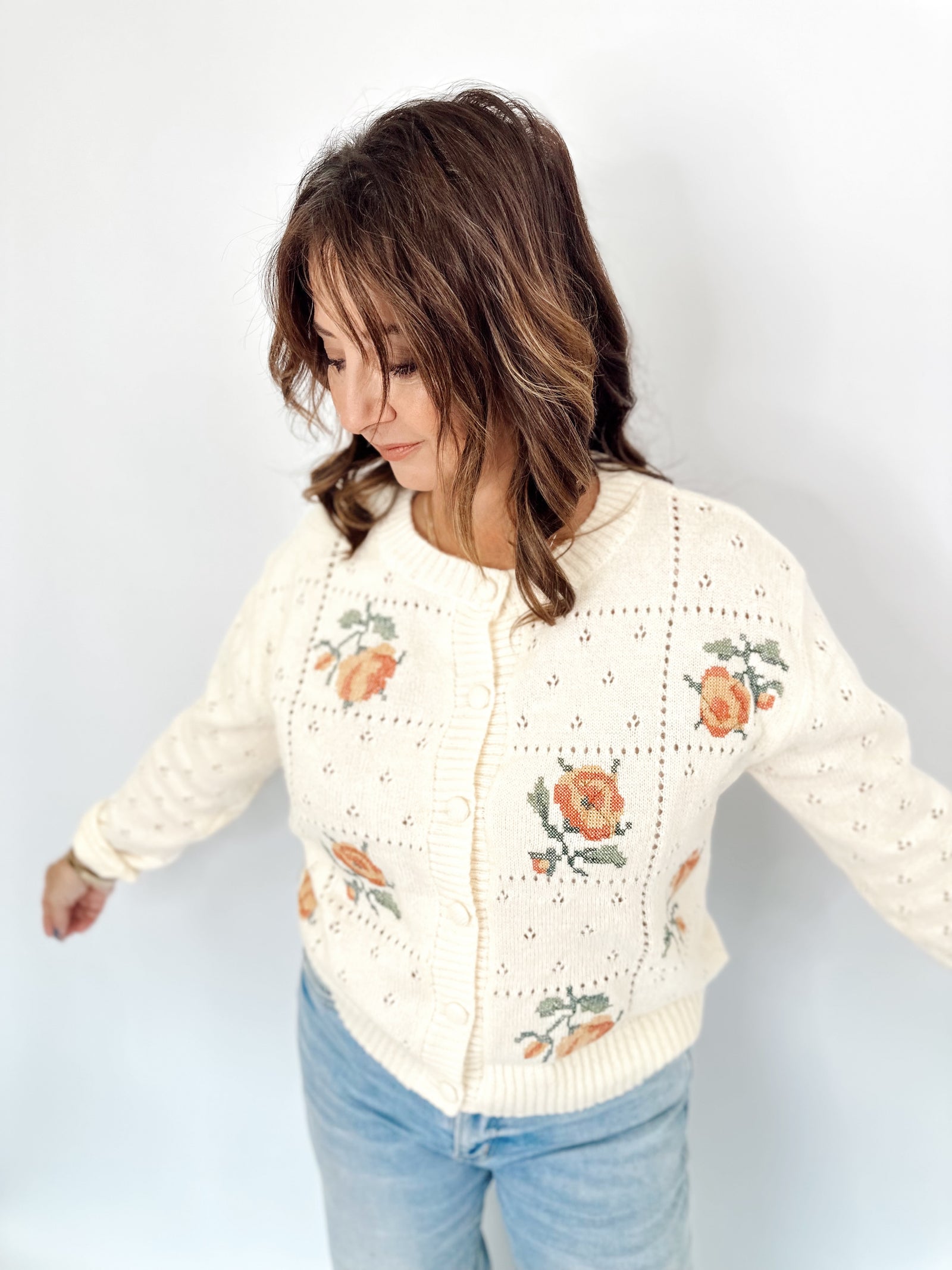 Joyce Floral Pointelle Knit Cardigan Ecru