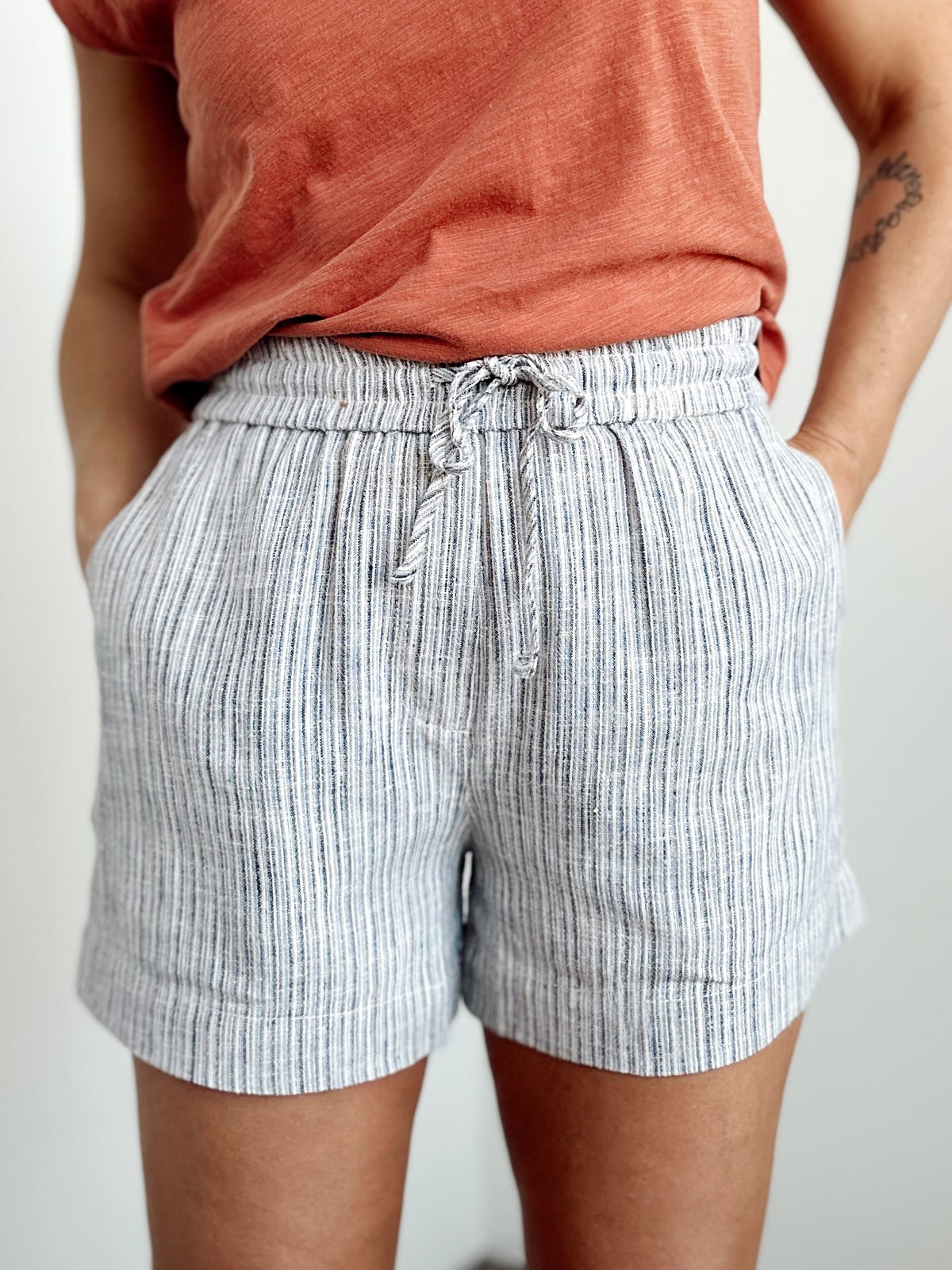 Desi Linen Blend Striped Shorts Slate