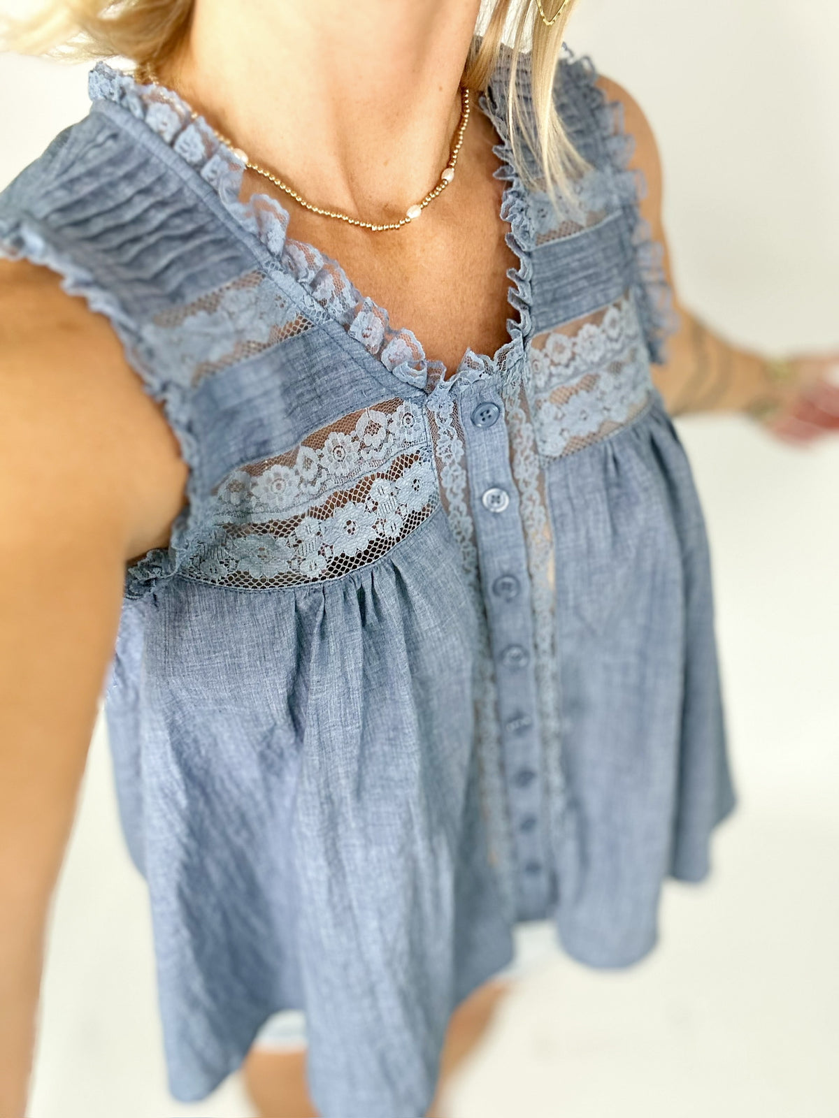 Blaire Boho Lace Ruffle Blouse Denim Blue