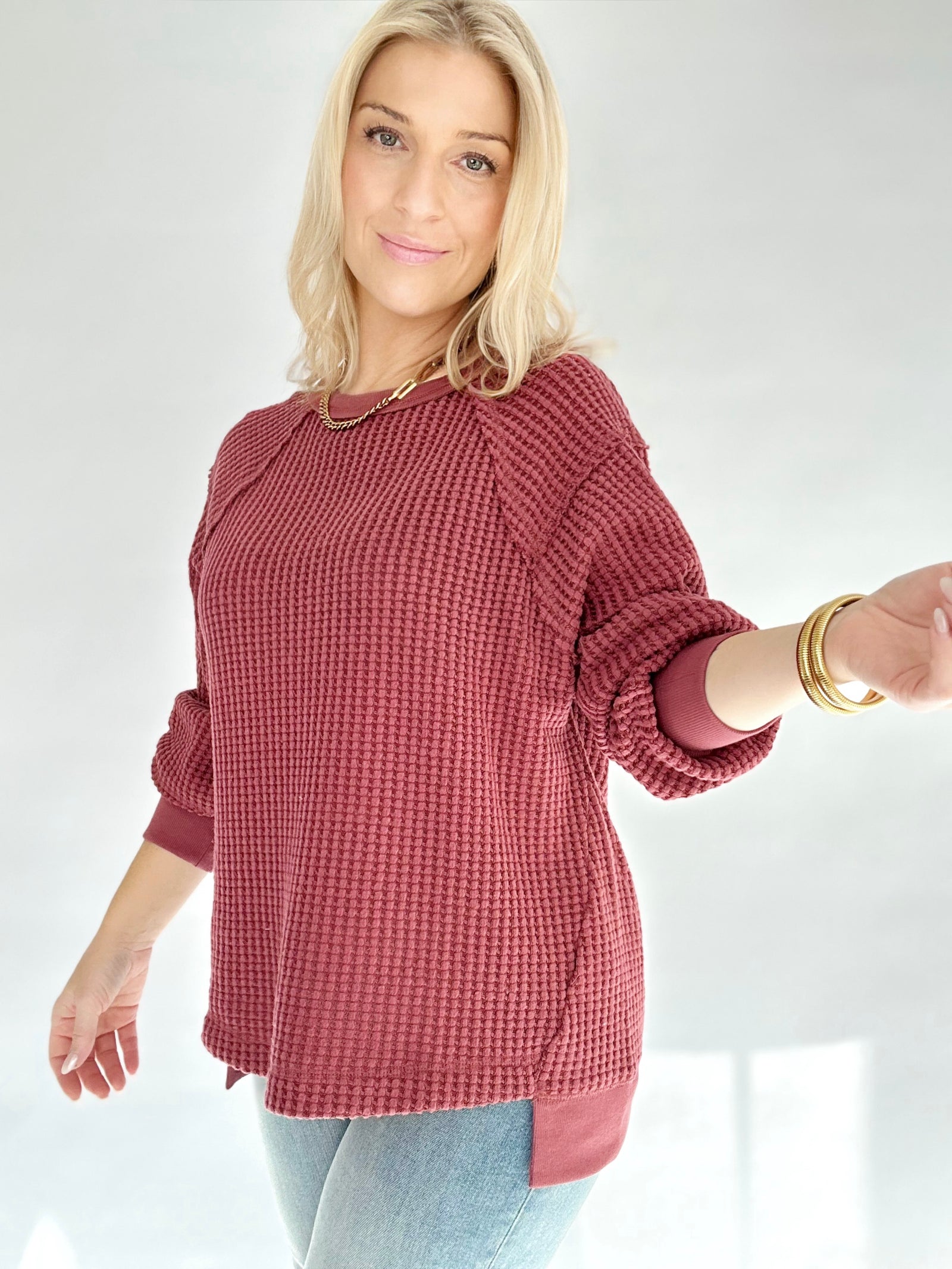 Tabitha Waffle Patch Detail Pullover Burgundy