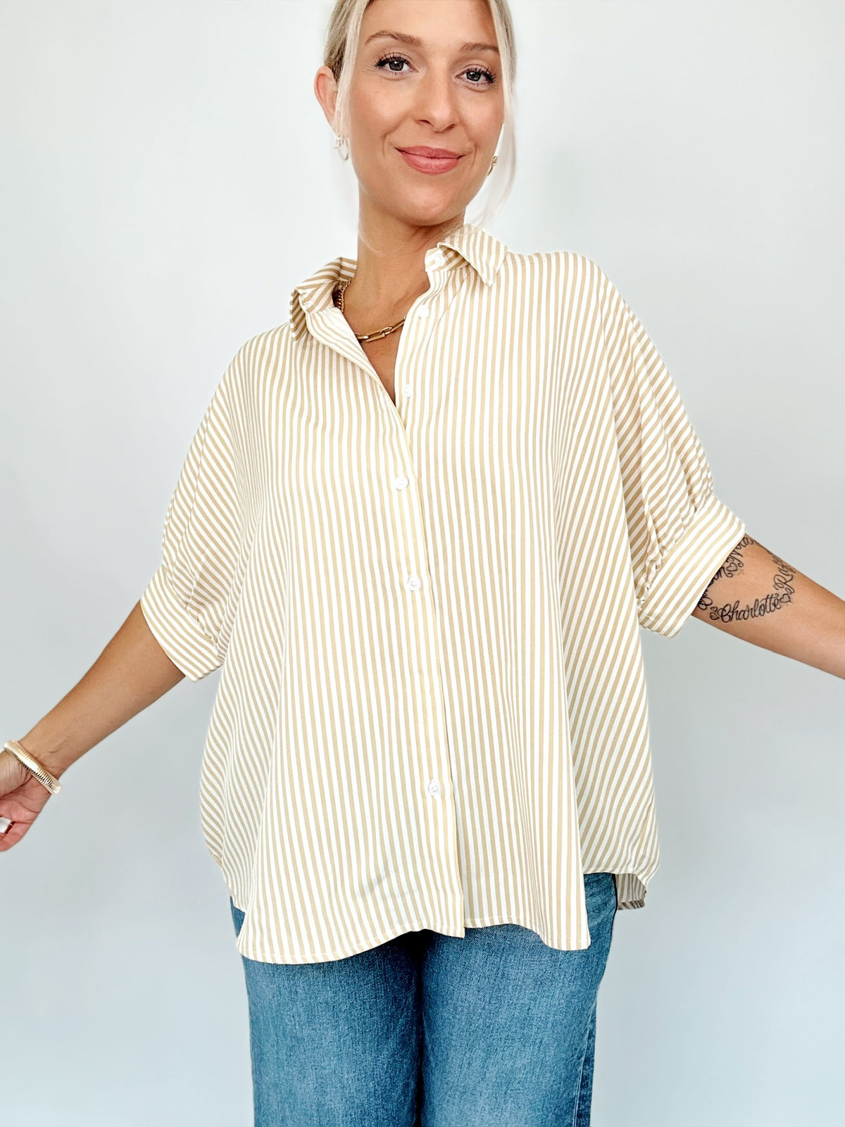 Ellen Button Down Stripe Shirt Taupe