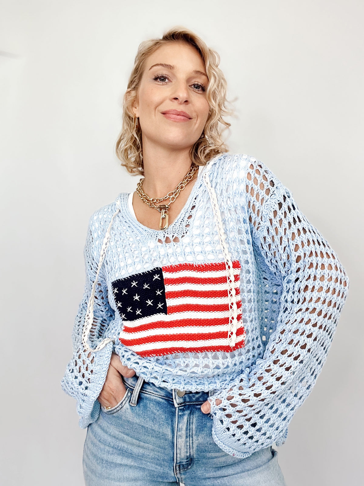 American Flag Thin Sweater Top Sky Blue